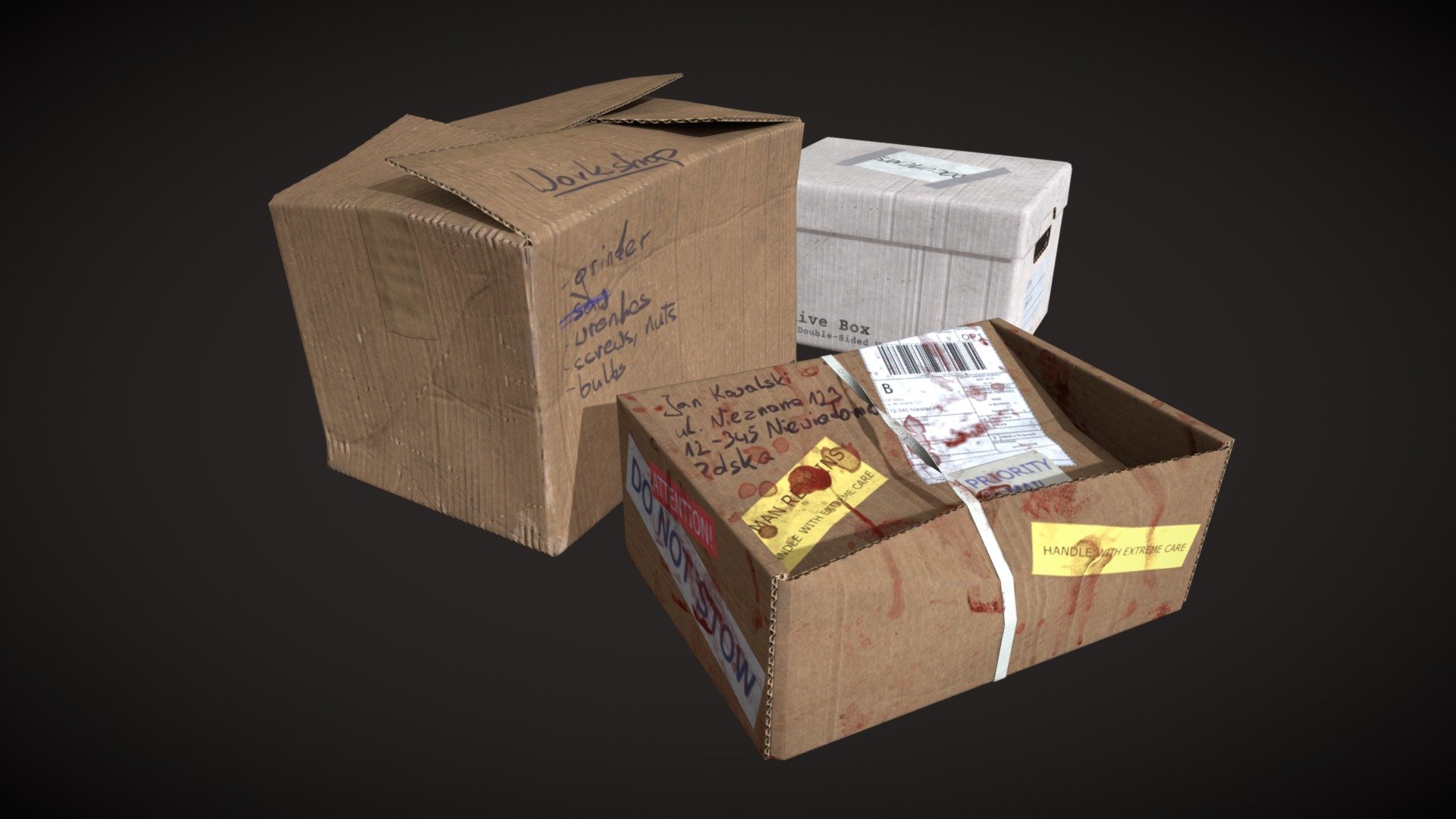 Old boxes made for an art-test.
Made in blender and textured in substance painter.
1k textures
906 verts - Boxes - 3D model by Rafał (@rafal.gawenda) 3d model