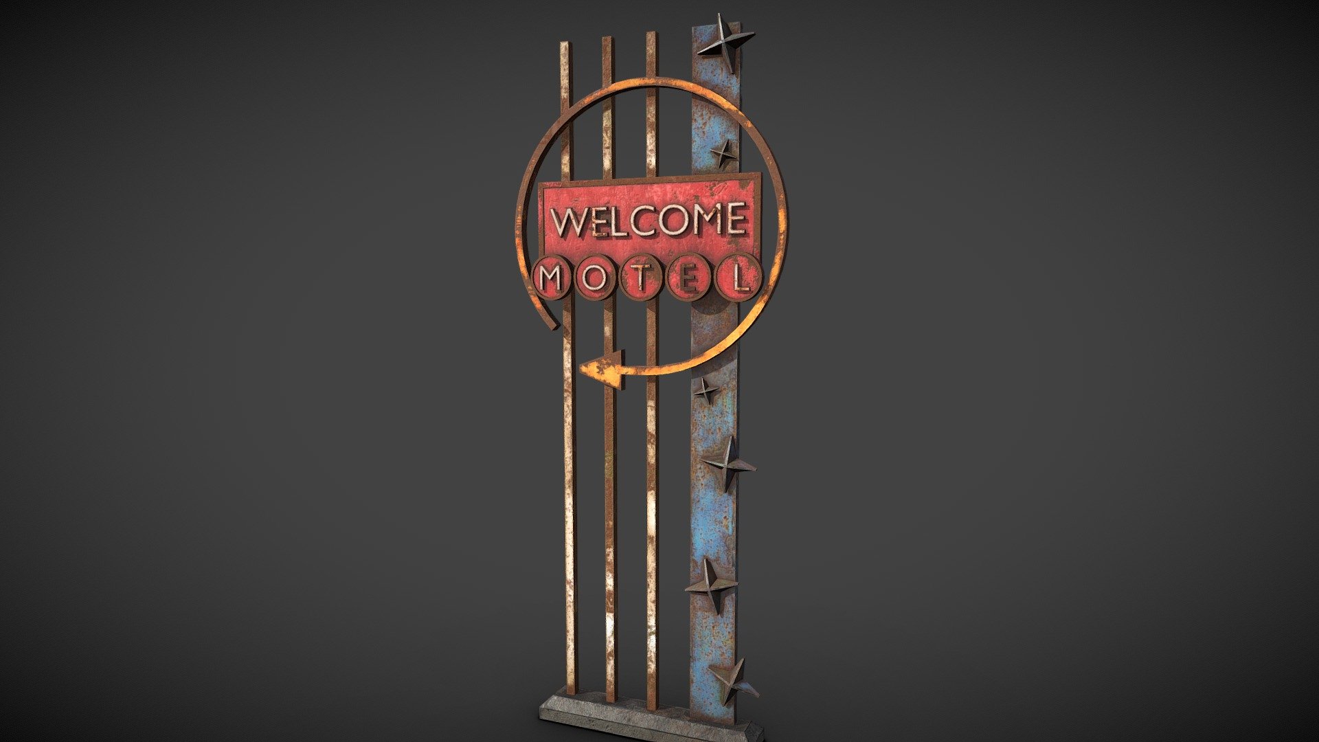 Rust Classic American Motel signboard 

Textures size 4096x4096

Including maps: * Base Color * Roughness * Metallic * Normal * Height * AO

Created in Blender The texture was created in Substance 3D Painter - Rust Classic American Motel signboard - Buy Royalty Free 3D model by exiS7-Gs 3d model
