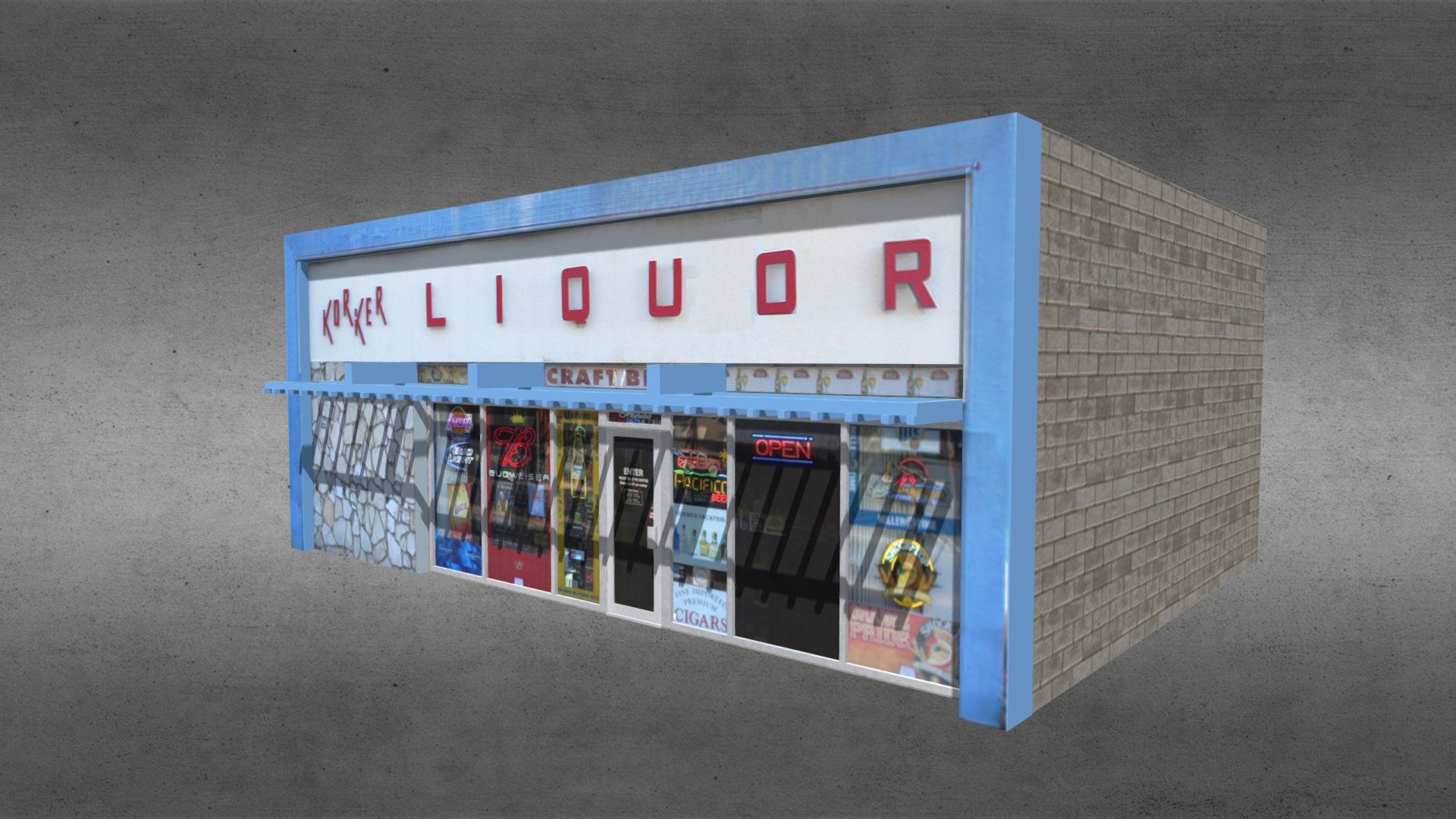 This is an exterior model of a liquor store.

Product Features:


Made with 3 and 4-point polygons.
Includes group information, which your software should interpret as separate parts: building and door.

Textures:


The model is UV mapped.
One color scheme with texture maps and bump maps, at 2048x2048 pixels.

Original model by, and acquired, from Poserworld, and now owned by VanishingPoint 3d model
