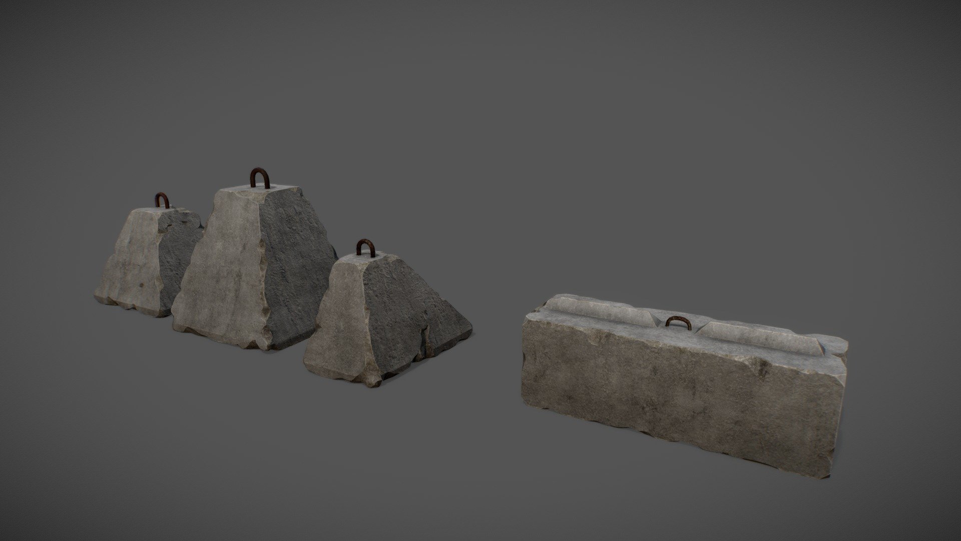 A set of cement walls worn down and wrecked by bullet holes and environmental factors typical of a war-torn/conflict area.
∙ 4k texture resolution
∙ pbr workflow - Concrete Barricades 02 - Buy Royalty Free 3D model by Lodgelus 3d model