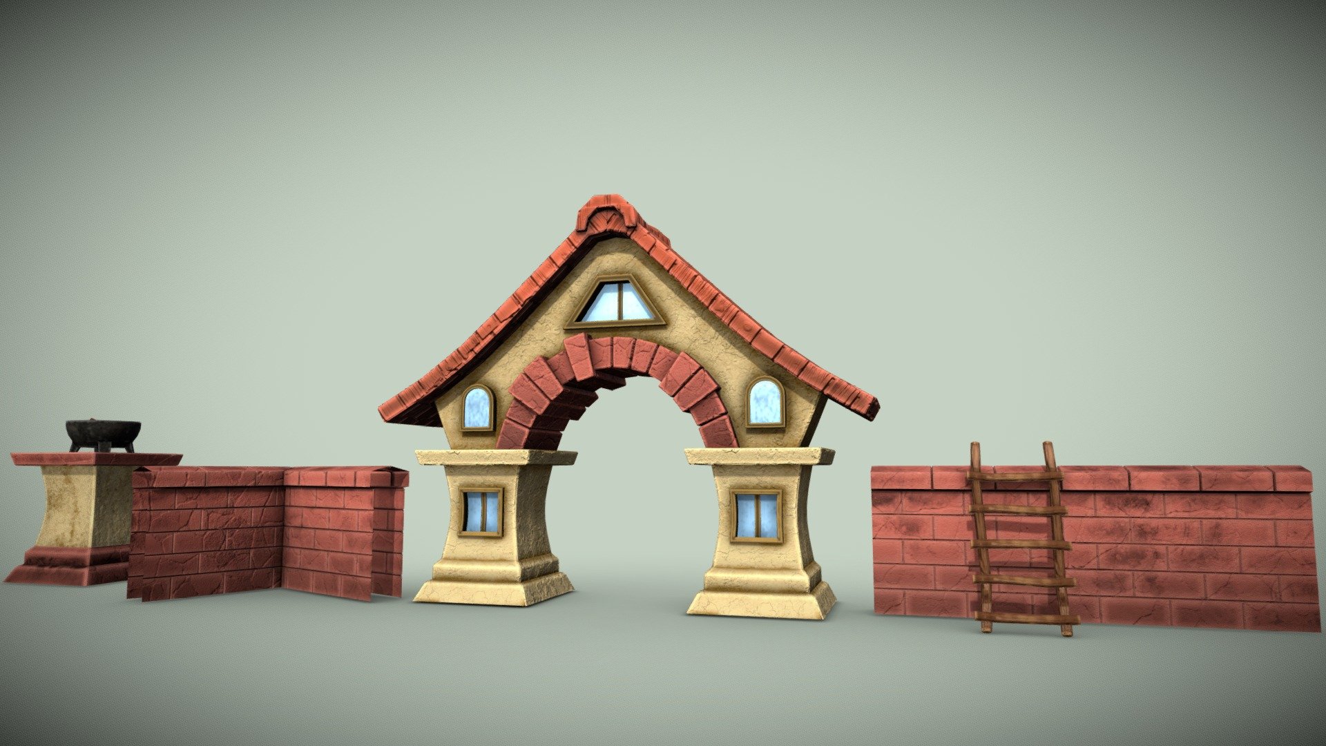 Stylized stone fence with an arch and a house PBR low-poly game ready all models are separated Polygons 203 Vertices 210 - Stylized stone fence with an arch and a house PB - Buy Royalty Free 3D model by Svetlana07 3d model