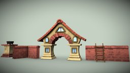 Stylized stone fence with an arch and a house PB