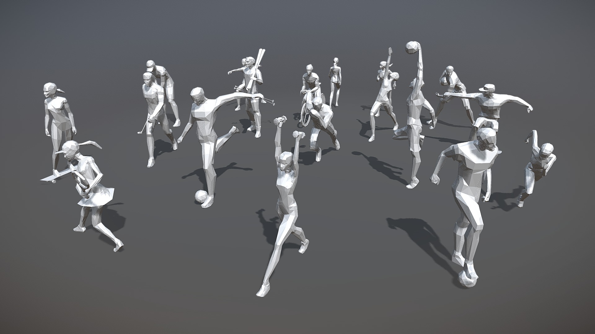 Low poly 3d model of different kind of sport pose 3d model