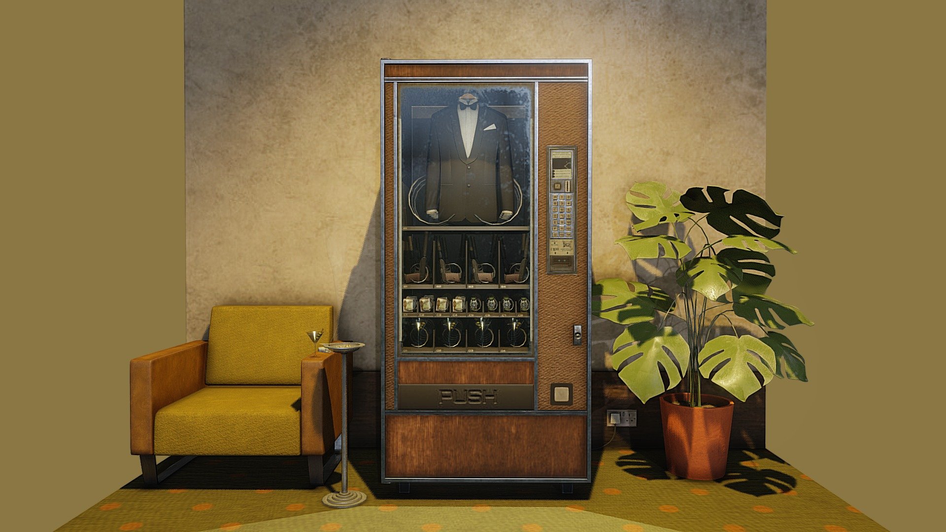 The Inconspicuous Secret Agent Party Essentials Vending Machine, great for when you have escaped capture and need to blend in to the nearest ballroom or casino. Made for #VendingMachineChallenge 

Items in the machine




Tuxedo

Walther PPK silenced

Chesterfield Cigarettes

Martini

Rolex Submariner

The chair and Ashtray are from Wes Anderson's Grand Budapest Hotel 60's lobby scene.

Modelled in Blender, textured in substance 3d model