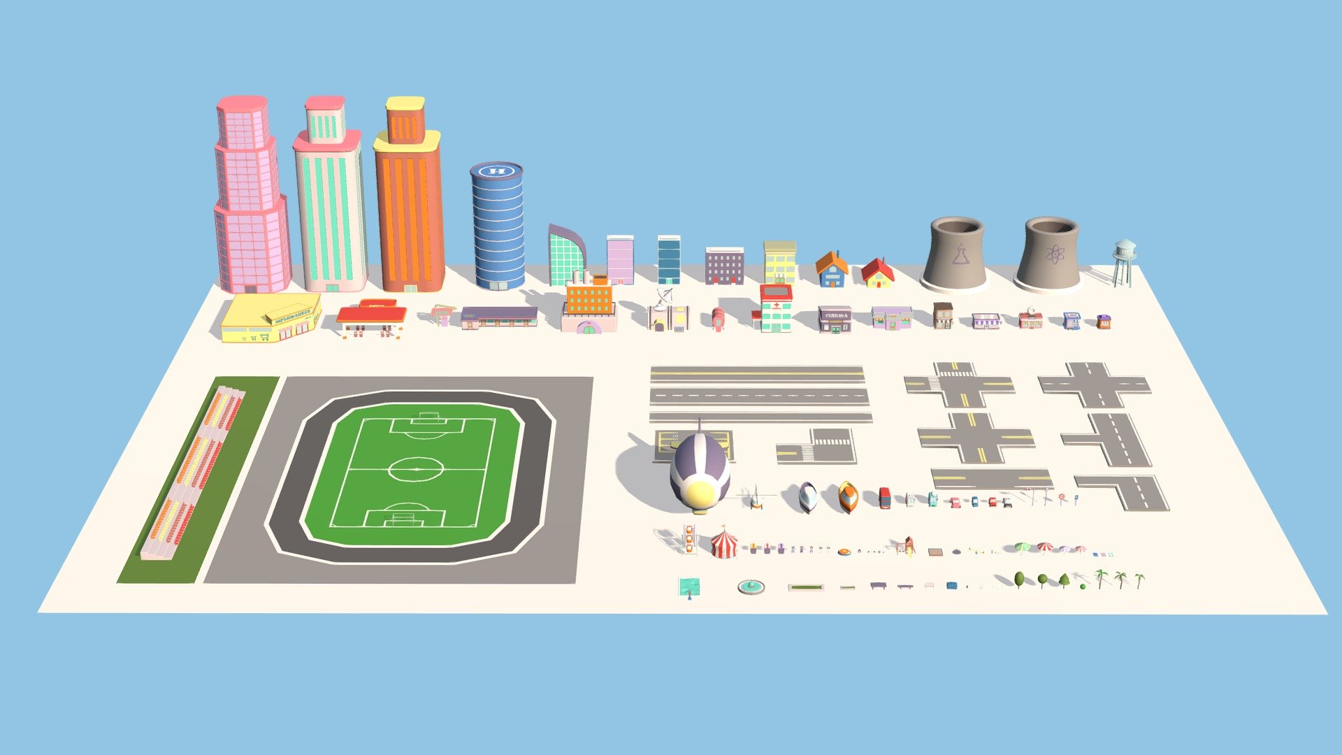 part of City Set Low Poly download here

106 objects: buildings / trees / cars / roads / intersections / stadium / and much more!

Technical details:




Vertex: 103 k 

Faces: 100 k 

Tris: 182 k

Whole set has one color texture (2048/1024/512/256/128px) and one material.

Files: Unity  Unreal Engine 5 package (is compatible with version UE 5.1)  Blender  fbx  obj  glTF

The original concept was used to create models.

Feel free to download it and leave your reviews, comments and likes. This will help us create more products for you :) - City Exteriors Set Low Poly - 3D model by Mnostva 3d model