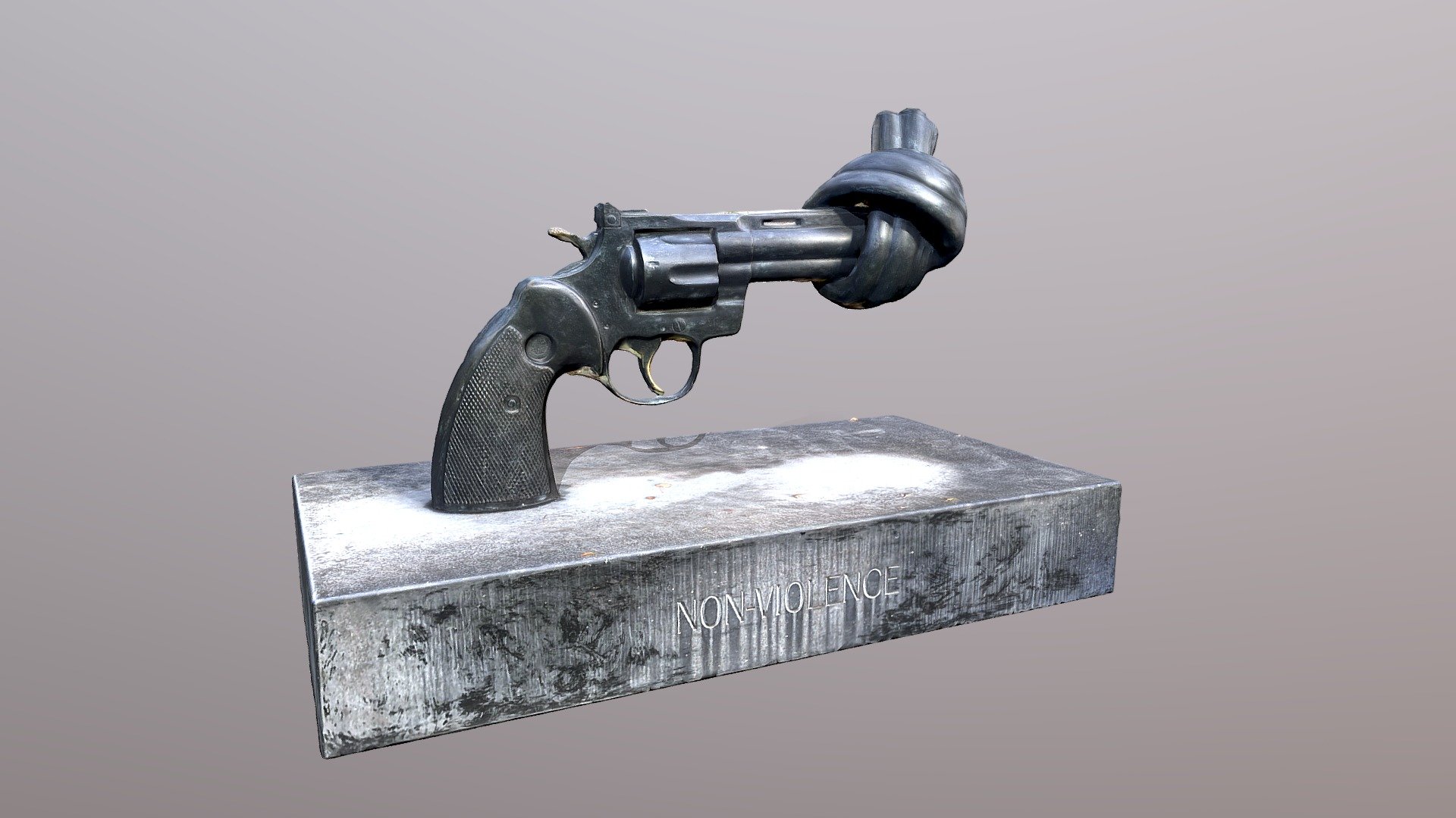 Non-Violence is a bronze sculpture by Swedish artist Carl Fredrik Reuterswärd of an oversized Colt Python .357 Magnum revolver with a knotted barrel and the muzzle pointing upwards. Reuterswärd made this sculpture after singer-songwriter and peace activist John Lennon was murdered - Non Violence - 3D model by KickTheMap (@jlocquet) 3d model