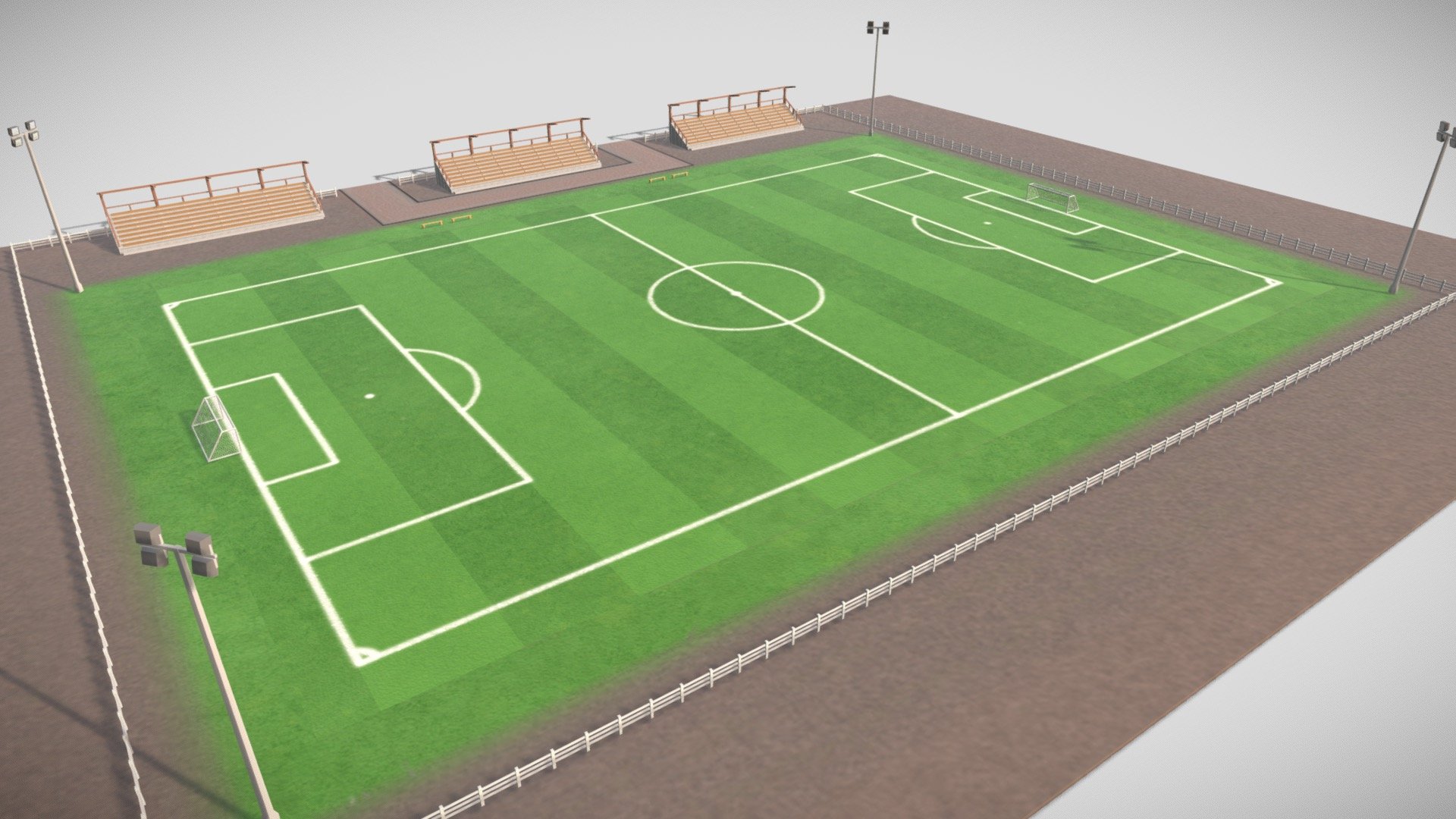 LowPoly Stylized Soccer/ Football Field in real scale, 4k textures with one texture atlas.

Textures 4098x4098- Diffuse/Base color, Roughness, Normal.
Attached is also the original .blend file.

Game ready- tested in UE5 - LowPoly Soccer/ Football Field - Buy Royalty Free 3D model by JG3D (@jg-3d) 3d model