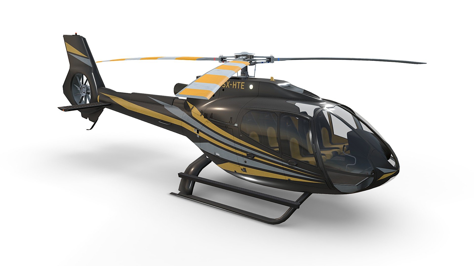 Generic Helicopter Airbus H130 Livery 3. Game ready, realtime optimized Airbus Helicopter H130 with high visual accuracy. Both PBR workflows ready native 4096 x 4096 px textures. Clean lowpoly mesh with 4 preconfigured level of details LOD0 19710 tris, LOD1 10462 tris, LOD2 7388 tris, LOD3 5990 tris. Properly placed rotors pivots for flawless rotations. Simple capsule built interior that fits perfectly the body. 100% human controlled triangulation. All parts 100% unwrapped non-overlapping. Made using blueprints in real world scale meters. Included are flawless files .max (native 3dsmax 2014), .fbx, and .obj. All LOD are exported seperately and together in each file format 3d model
