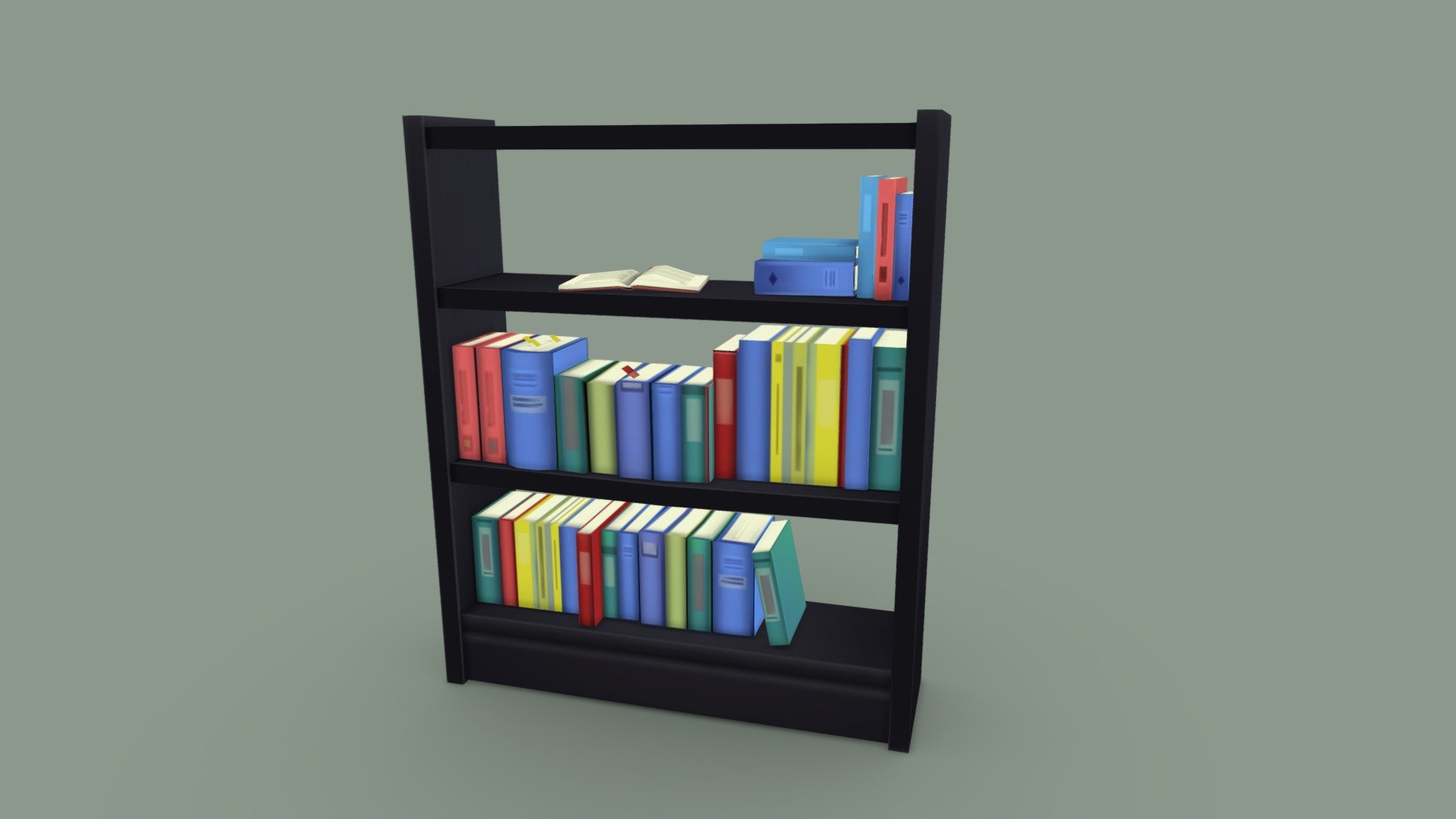 A bookshelf, created with blender and Photoshop.
Since I included the book models from day 10, the triangle count of the file is higher than 300. The shelfmesh alone has 178 triangles 3d model