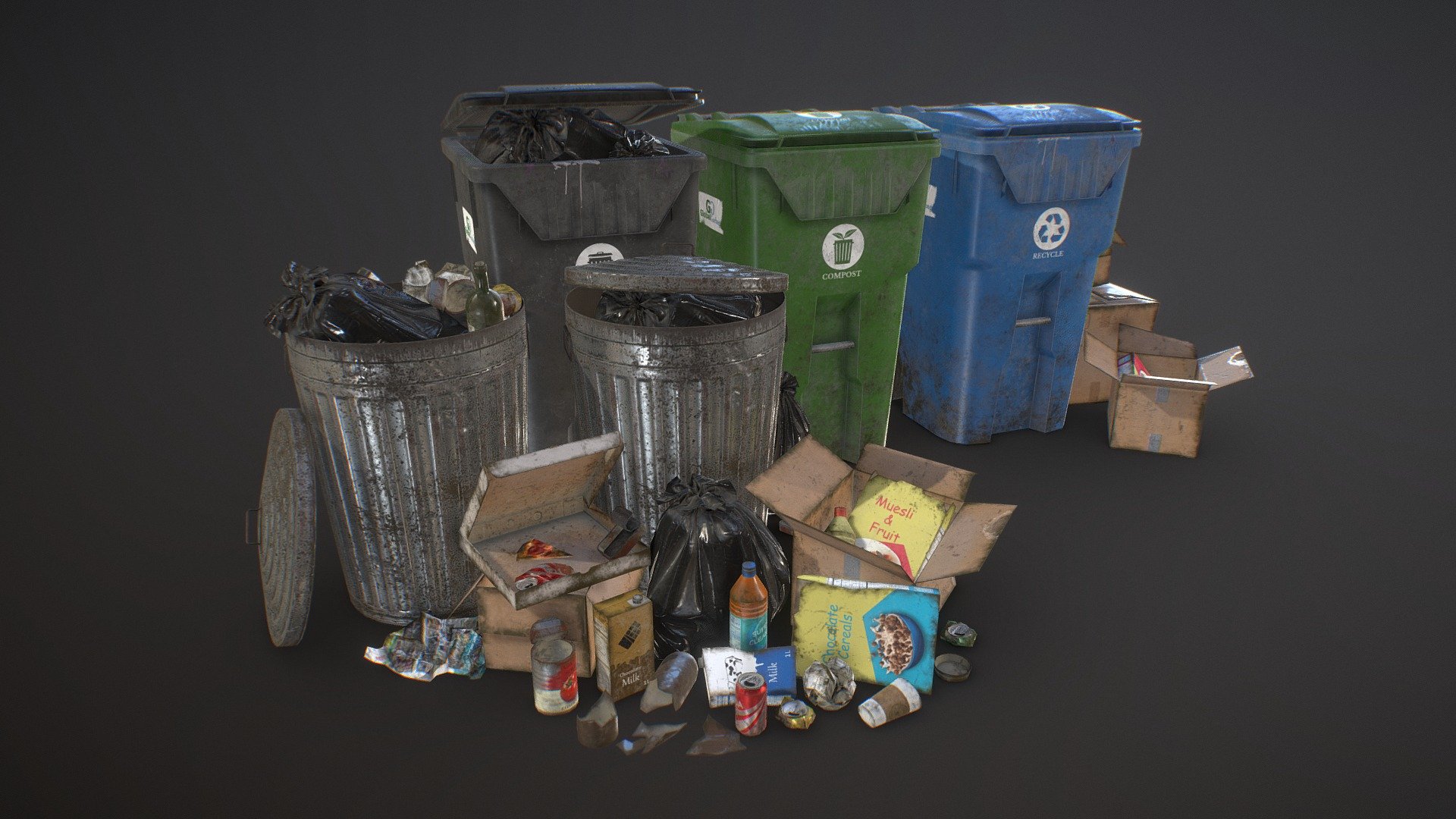 Low Poly pack of game ready models of Urban Trash with PBR textures:

4k textures (1 set for all small props / 2 different levels of dirt, 1 for Garbage Bags / 3 different colors, 1 for Trash Can / 2 levels of dirt and 1 for Trash Bins / 3 colours / 2 levels of dirt)

Textures: Albedo, Normal, Metalness, Roughness, AO, Opacity

This pack includes: 




Trash Cans

Trash Bins

Urban Trash: 3 carboard boxes - 2 cereal boxes - 3 cartons of milk - 4 papers / 4 levels of crumpling - 4 types of tins - 1 coffee cup - 2 wine bottles - 2 broken bottles - 3 soda cans with 4 levels of crushing - 2 plastic bottles - 1 pizza box - piece of pizza

2 Garbage Bags

Polys of kit: 31086 / Polys of scene: 17407

2 files included: 




Urban Trash Pack Vol2 Scene - Objects represented as seen in renders

Urban Trash Pack Vol2 Kit - All objects included

Also included in Trash Pack Vol 3

This model can be used for any game, personal project, etc. You may not resell any content

 - Urban Trash Pack Vol 2 - Low Poly - Buy Royalty Free 3D model by MSWoodvine 3d model