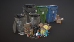 Urban Trash Pack Vol 2 kit, prop, urban, broken, pack, trash, can, bag, collection, garbage, dustbin, waste, bin, rubbish, pbr, gameasset, street, bottle, container, plastic, gameready