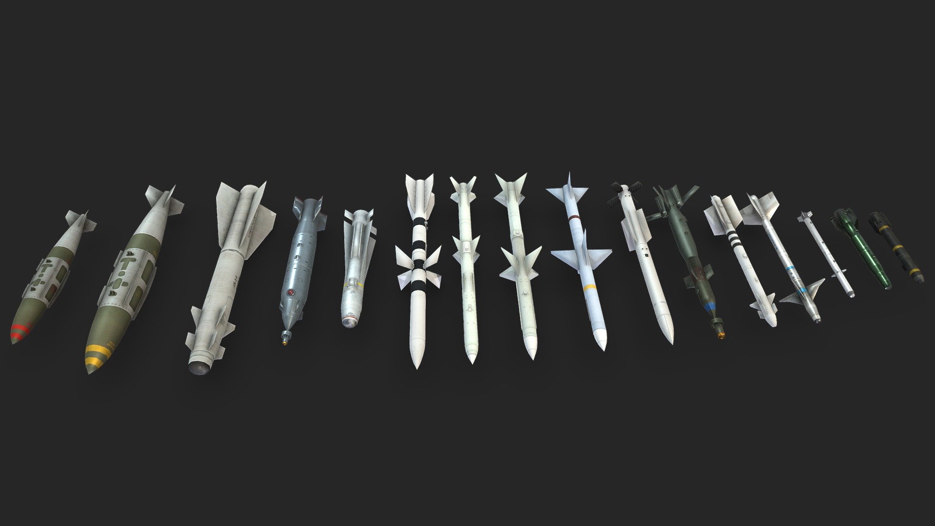 This collection features following Missiles and Bombs:




AGM-65 Maverick

AGM-114 Hellfire

AIM-7 Sparrow

AIM-9 Sidewinder

GBU-12 Paveway II

HJ-10

JDAM (2 Versions)

KAB-500L

Kh-29

PL-11 (2 Versions)

R-27 (2 Version)

R-77

TY-90

Have fun with them :) - Missile & Bomb Collection - Fighter Jets - Free - Download Free 3D model by bohmerang 3d model