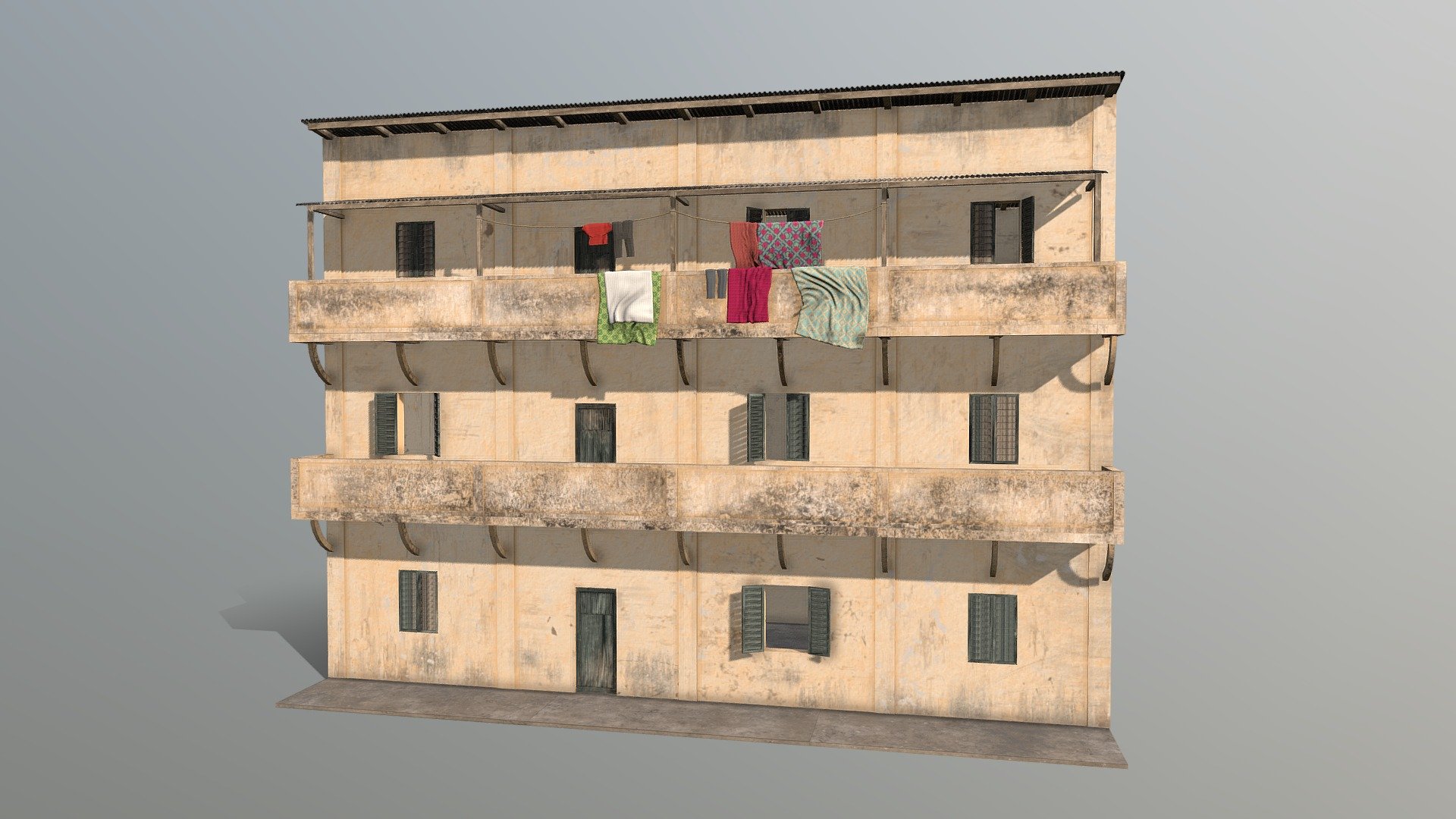 Old Building With Clothes Hanging. 4k Textures - Old Building - Buy Royalty Free 3D model by Sengchor 3d model