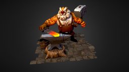 Aldebrand The Blacksmith cat, humanoid, tiger, forge, fur, blacksmith, diorama, anvil, lion, lo-poly, smithy, lo, character, handpainted, poly, stylized, fantasy