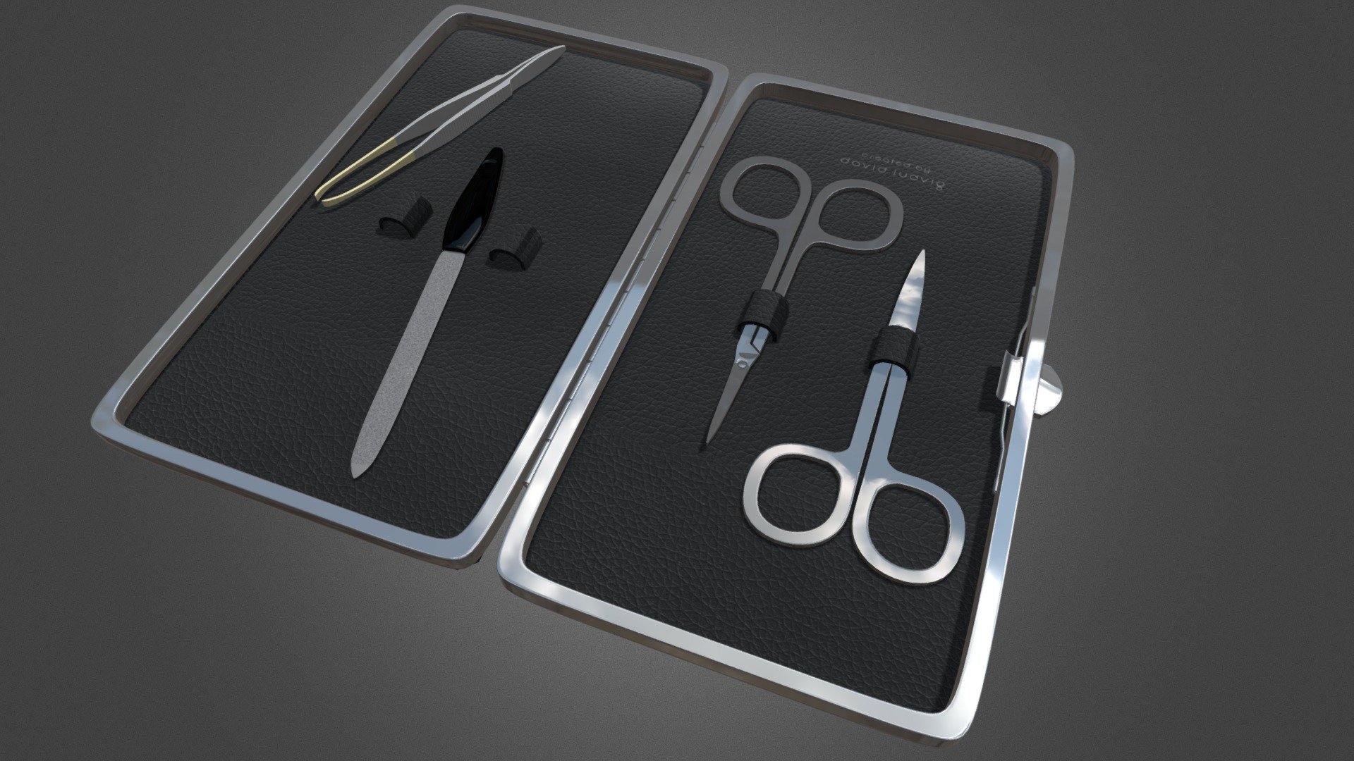 Selfmade manicure kit with black leather case.
Edit time: 5 days - Manicure Kit - 3D model by dgsamples 3d model