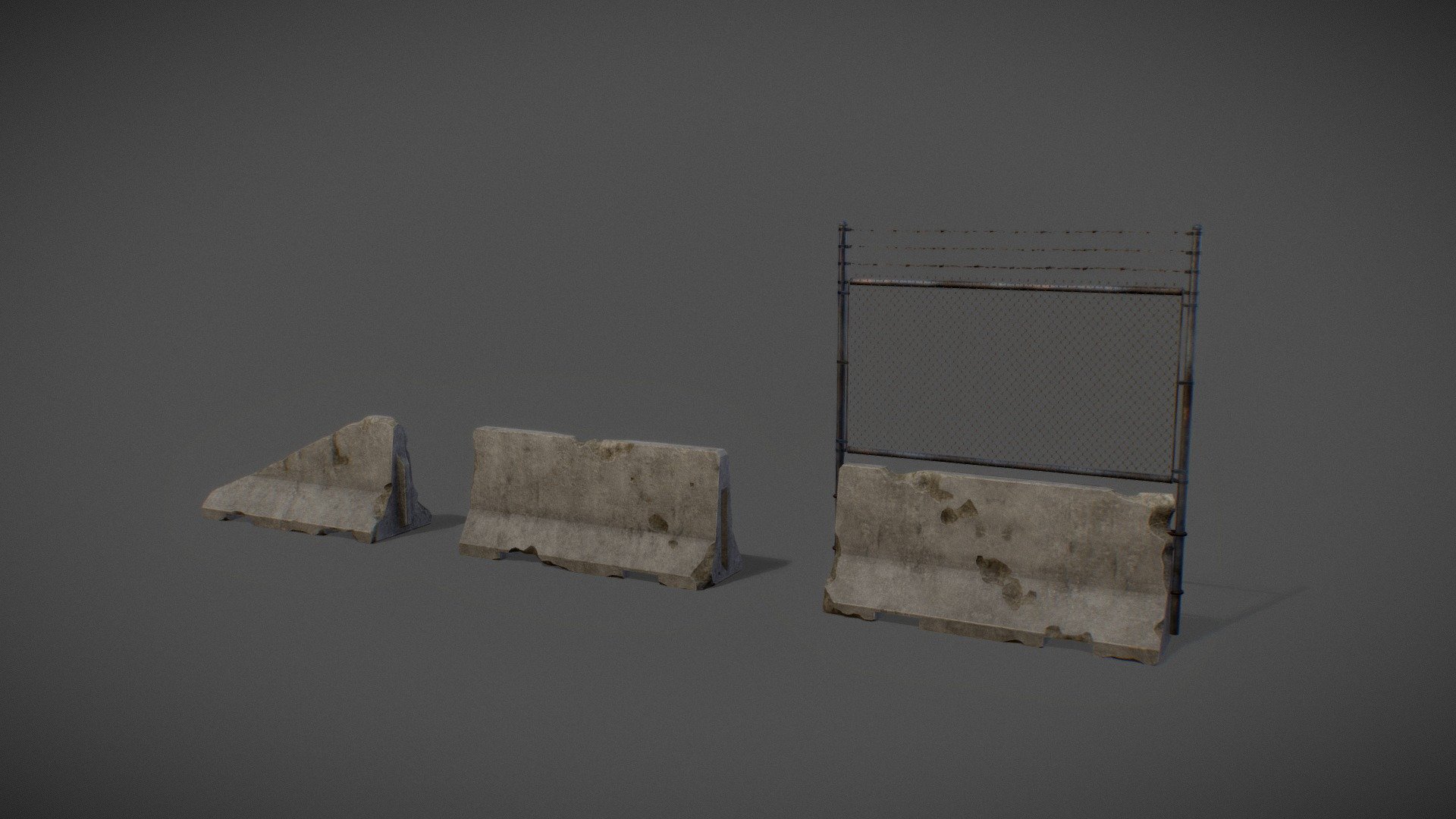 A set of cement walls worn down and wrecked by bullet holes and environmental factors typical of a war-torn/conflict area. 

∙ 4k texture resolution

∙ pbr workflow
 - Concrete Barricades 01 - Buy Royalty Free 3D model by Lodgelus 3d model