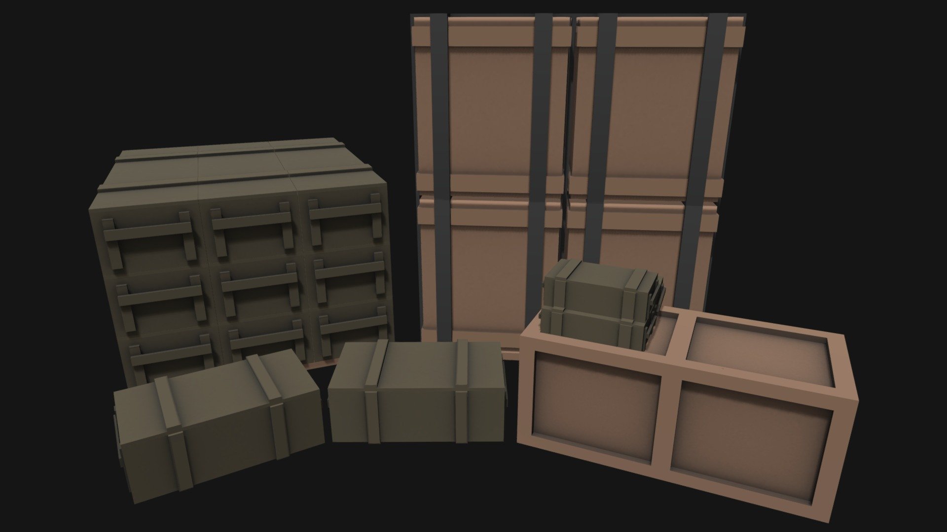 A set of different miltary crates, small, medium and large crates, a large wooden crate and a tall strapped crate with pallets 3d model
