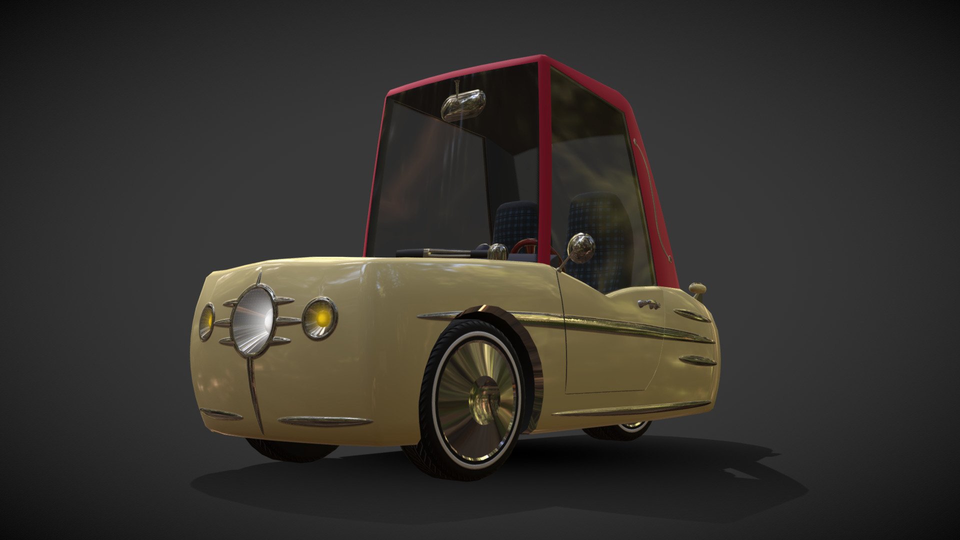 3 wheeler cartoon car with streamliner chrome details are fully from my imagination. It was inspired by little european cars of the 50's. Cute and cozy 3d model