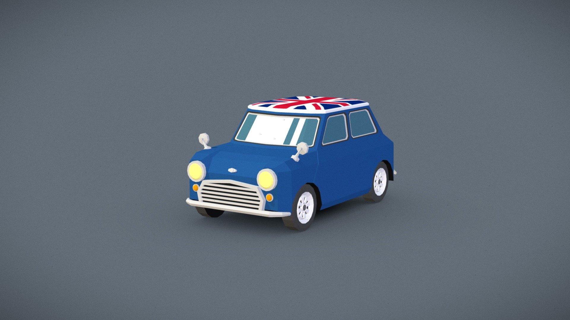 The low poly small classic cartoon car from 1960s in dark blue color with a flag colored roof.

The model is flat shaded low poly colored with a texture. 
Can be easily recolored. 
Optimized for mobile games 3d model