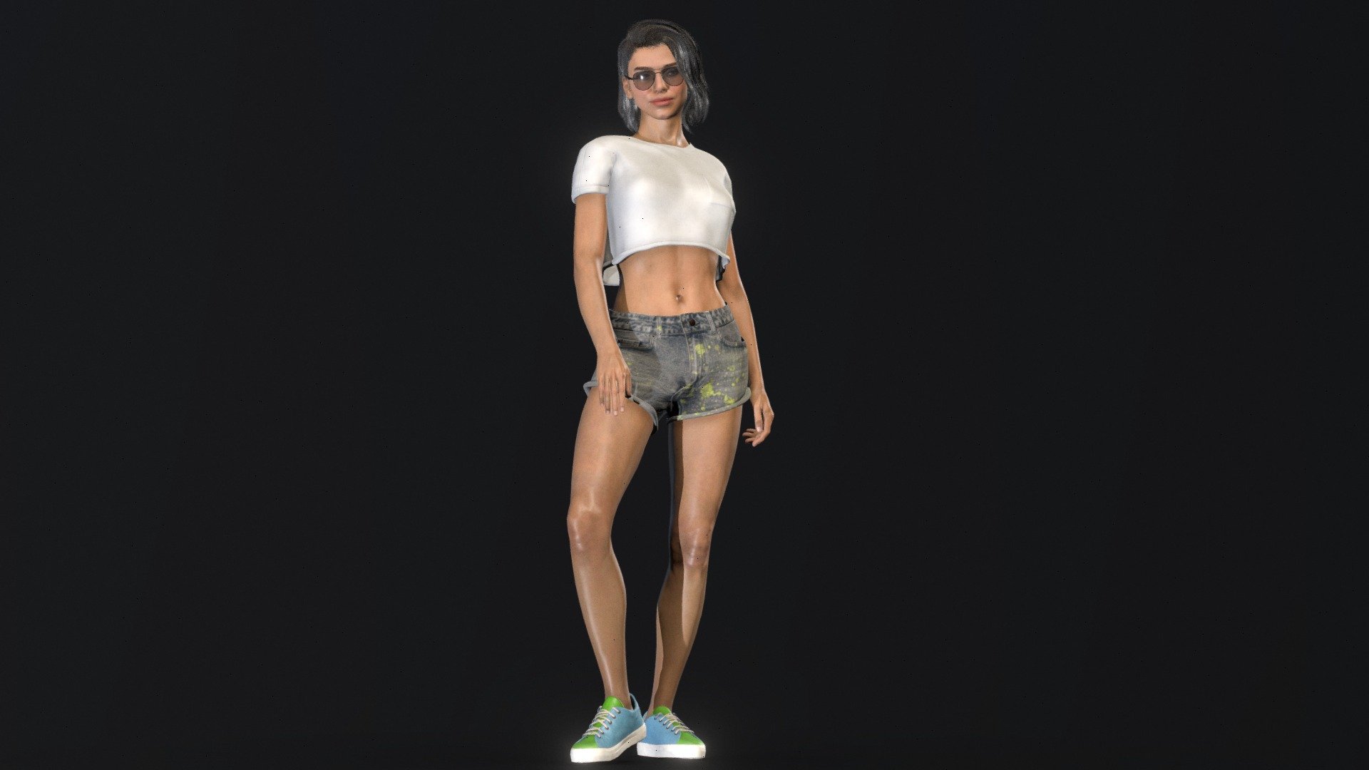 Female Low-Poly rigged and textured character
UV's: Head, Body, Arms, Legs, Eyes, Hair, Leashes, Brows, Nails, Upper Teeth, Lower Teeth,  Tongue, Scalp, T-Shirt, Shorts, Shoes.
You can use it in any project 3d model