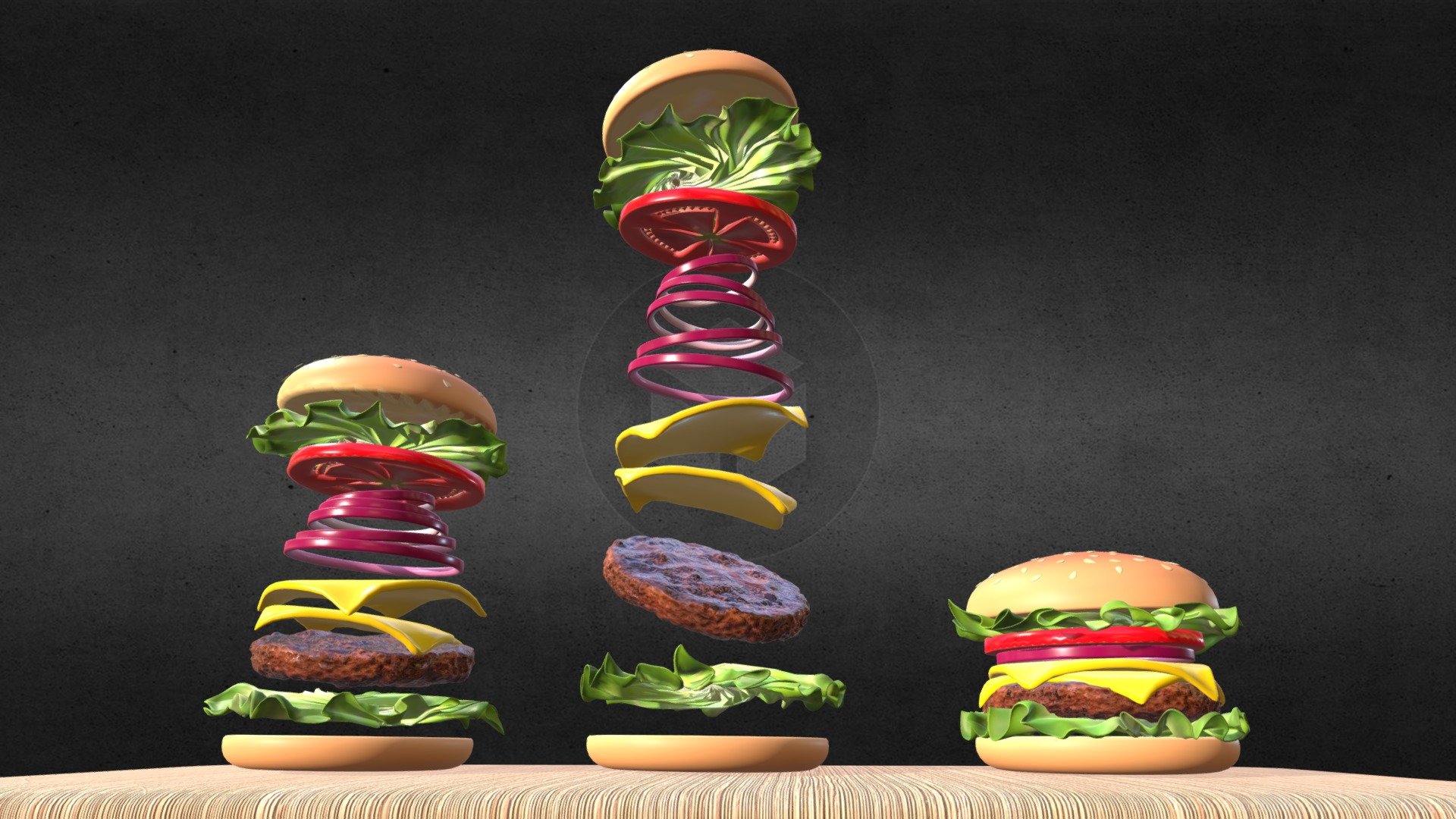 Three different poses of cheeseburger sandwich.
The burger is topped with cheese, lettuce, tomato and onion 3d model