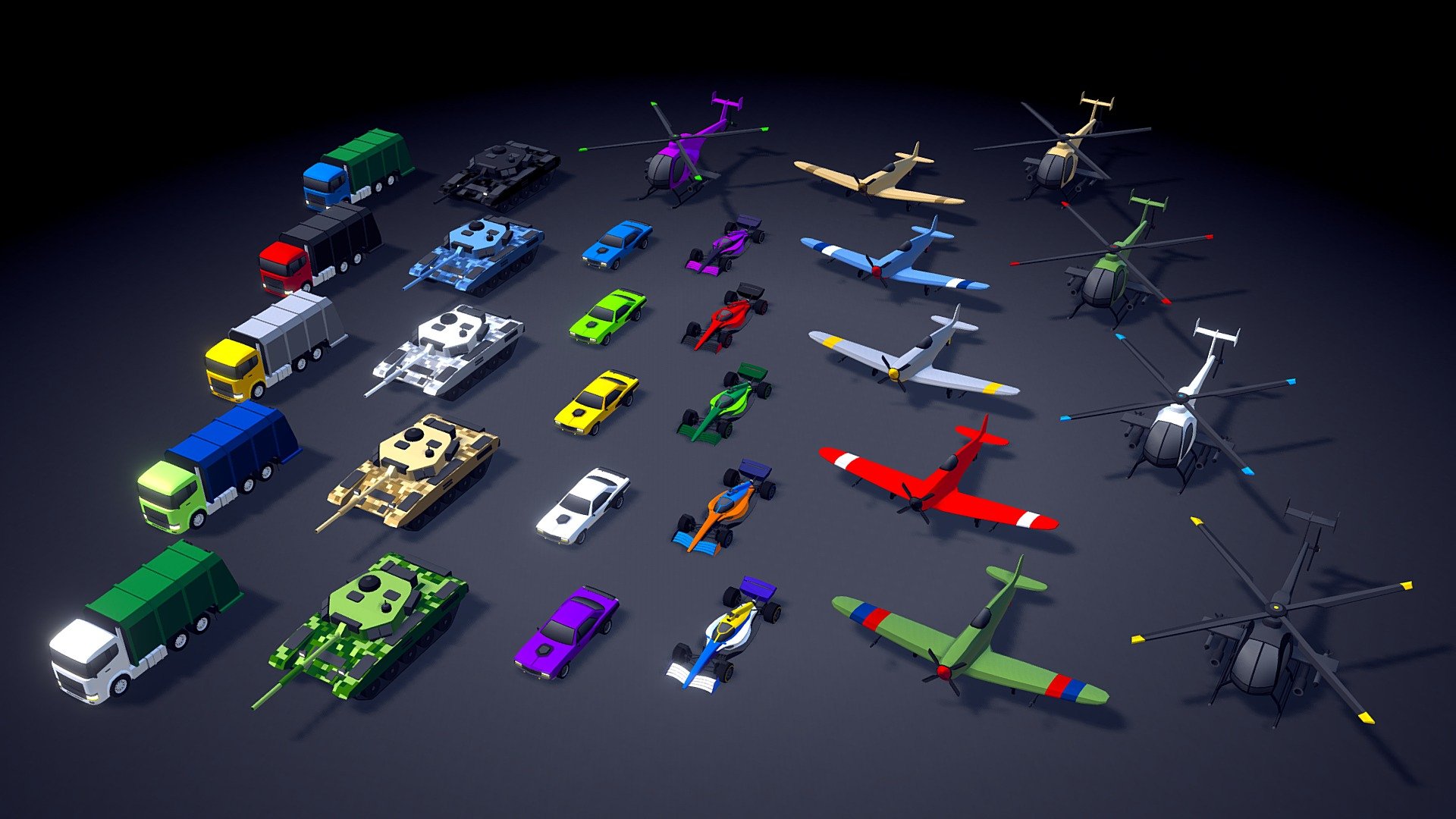 This is the (free) April update of my asset called ARCADE: Ultimate Vehicles Pack. It is now available for download in Unity3D (in the Unity Asset Store) and Sketchfab! (FBX + UNITY Files included).

The update includes 6 new vehicles (racing cars, military vehicles, and more).

Best regards, Mena 3d model
