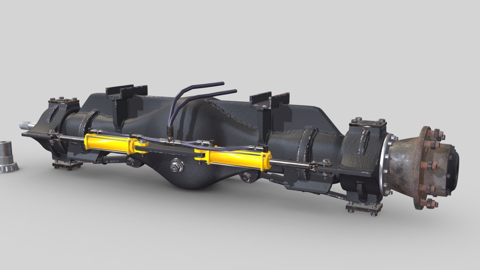 This is fairly accurate 15-ton Federal axle used by first two Grave Diggers.

Blog post about Grave Digger's axles:

https://www.artstation.com/jorma_rysky/blog/L8Ry/1961-15-ton-federal-axle

Sources for information:

http://monsterphoto.iwarp.com/den2a.htm

http://monsterphoto.iwarp.com/den2.htm

I do not own name Grave Digger, nor I'm anyway affiliated with Feld Motorsports. These axles are generic axles by Federal, and my model does not have any copyrighted stuff, all the logos and markings are removed/were never there.

Additional files includes Blender and Substance Painter-projects, and all the textures before baking them together with Simple Bake. Main colour of axle is adjustable in Blender 3d model