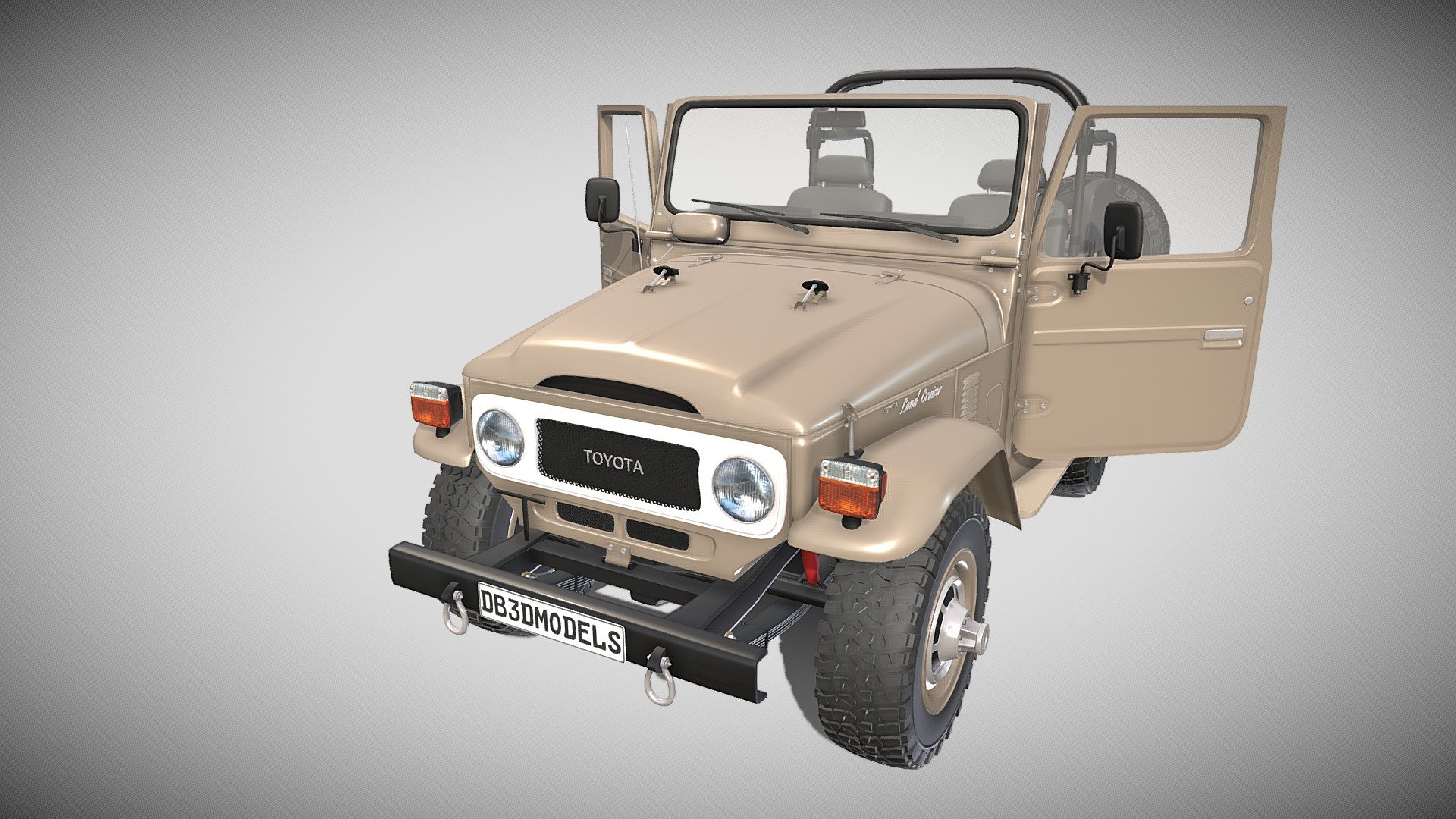 A very accurate model of the Toyota Land Cruiser FJ-40, with a highly detailed interior.

File formats:
-.blend, rendered with cycles, as seen in the images;
-.blend, rendered with cycles, with doors open, as seen in images;
-.obj, with materials applied and textures;
-.obj, with materials applied and textures and doors open;
-.dae, with materials applied and textures;
-.dae, with materials applied and textures and doors open;
-.fbx, with material slots applied;
-.fbx, with material slots applied and doors open;
-.stl;
-.stl with doors open;

3D Software:
This 3d model was originally created in Blender 2.79 and rendered with Cycles.

Materials and textures:
The model has materials applied in all formats, and is ready to import and render.
The model comes with multiple png image textures.

Preview scenes:
The preview images are rendered in Blender using its built-in render engine &lsquo;Cycles' 3d model