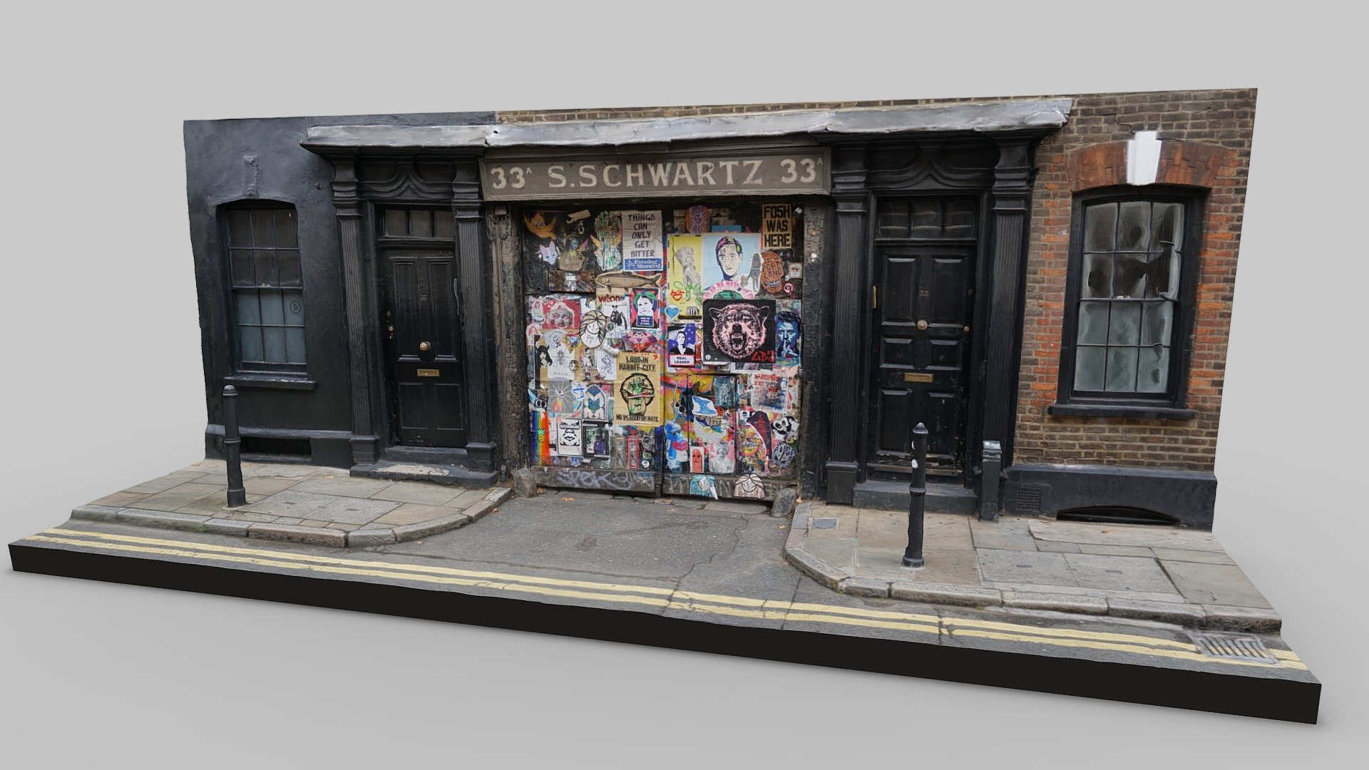 A gate to a yard on Fournier Street, London. Above the gate reads S. Schwartz.

Fournier Steet is a beautiful and well preserved Georgion Street in the heart of London's East End.

Interesting blog post about the gate:
https://www.andrewwhitehead.net/blog/s-schwartz-of-spitalfields

https://en.wikipedia.org/wiki/Fournier_Street

118 photos taken in September 2019 with a Sony a6000 and processed in Agisoft Metashape 3d model