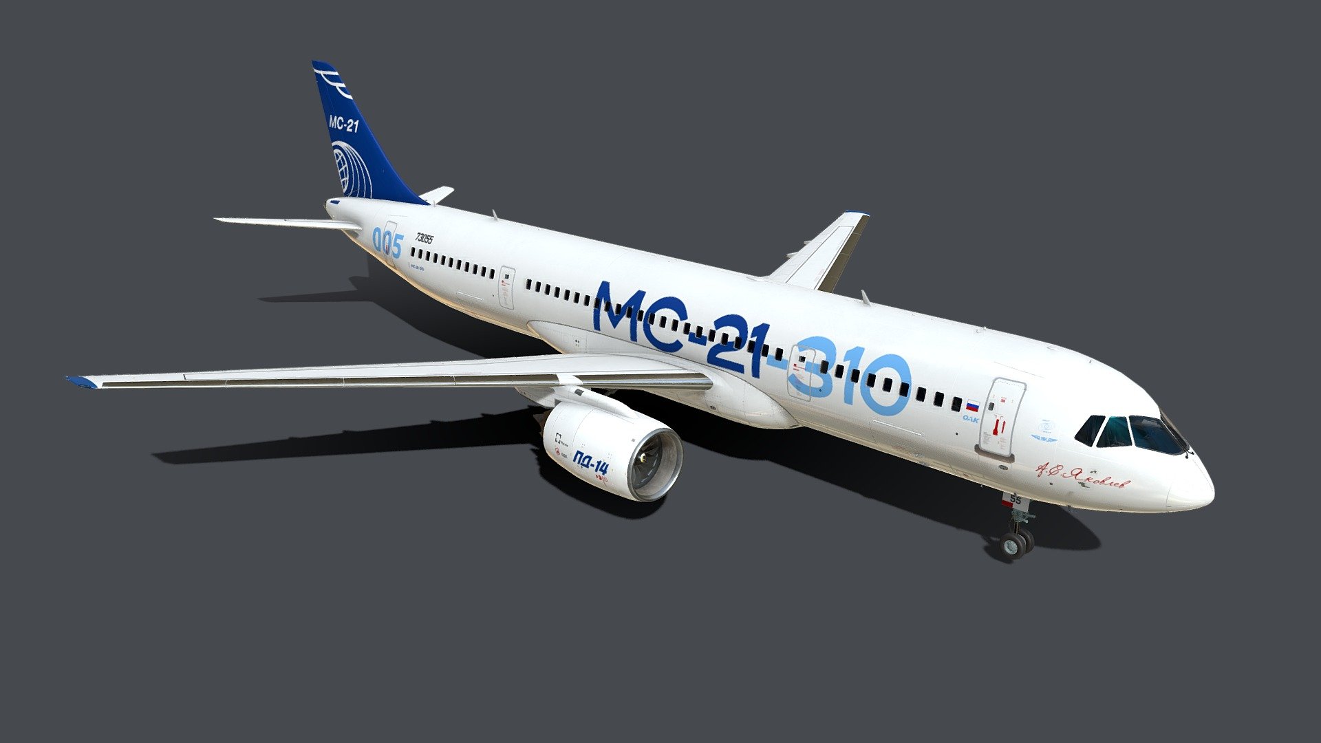 The Irkut MC-21  is a single-aisle airliner, developed in Russia by the Yakovlev Design Bureau and produced by its parent Irkut, a branch of the United Aircraft Corporation (UAC), itself a 92%-owned subsidiary of Russia's state-owned aviation giant Rostec 3d model