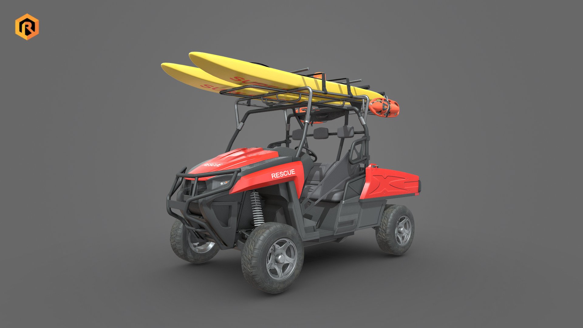 Mid-poly PBR 3D model of lifeguard buggy wIth buoys and boards.

The model is divided into several elements to make it easier to customize, rig, and animate.  

Technical details:


5 PBR textures sets (Main Body, Emission, Addons, Alpha, Wheel)
58731 Triangles
Model is divided into a few meshes (Main vehicle, boards, buoys, wheels, steering wheel)
Model is fully textured with all materials applied.
Pivot points are correctly placed to suit the optional animation process.
Lot of additional file formats included (Blender, Unity, Unreal 4, Maya etc.)   

PBR texture sets details (Albedo, Metallic, Smoothness, Normal, AO):


4096 Main Body  texture set
1024 Emission  texture set 
2048 Addons texture set
1024 Alpha texture set
2048 Wheel texture set 

More file formats are available in additional zip file on product page.

Please feel free to contact me if you have any questions or need any support for this asset.

Support e-mail: support@rescue3d.com - Lifeguard Vehicle WIth Buoys And Boards - Buy Royalty Free 3D model by Rescue3D Assets (@rescue3d) 3d model