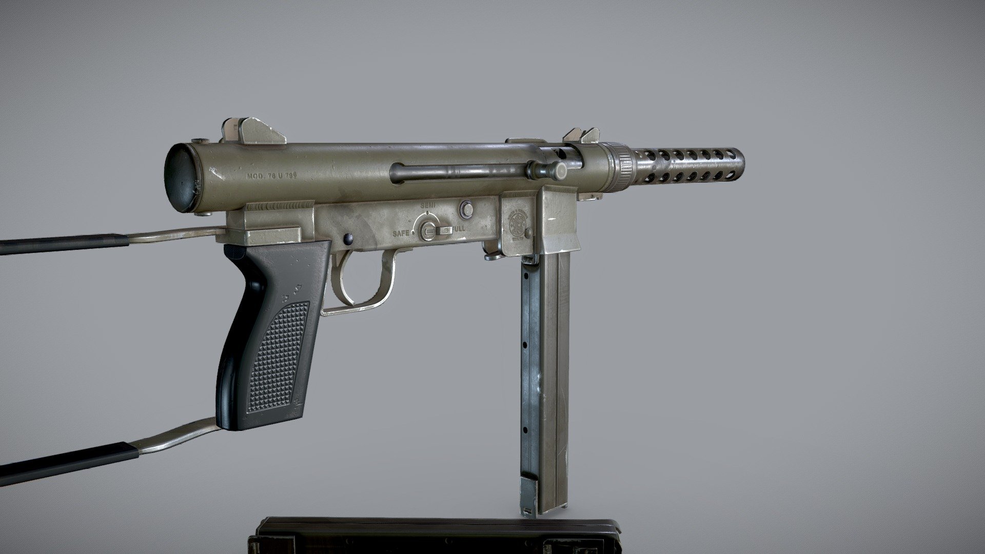FBX Game ready model - 23.7 k tri.

Model is triangulated to preserve normal map orientation, but is eady to quadrangulate automatically.

Accurate scale, split in by moving parts: frame, trigger, slider, mag. Shoulder stock is merged but can be detached and folded.

4k PBR textures (Base Color, Metallic, AO, Normalmap, Roughness) 3d model