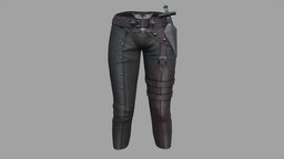 Female Fantasy Warrior Pants short, steampunk, leather, warrior, fashion, medieval, girls, clothes, pants, with, brown, biker, rider, accessory, combat, belt, womens, wear, capri, knife, character, pbr, low, poly, female, fantasy, dagger, black, thight