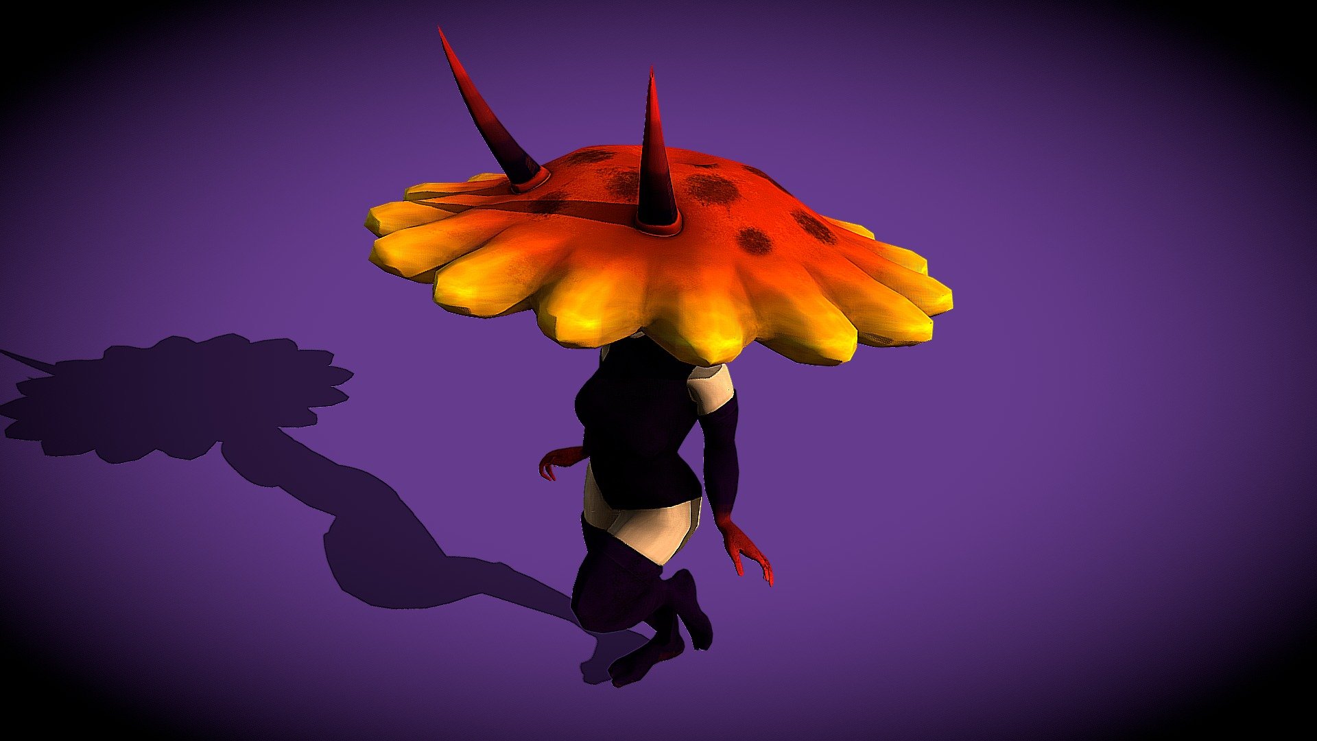 The Animation is from Mixamo, not mine. Just wanted to show that I can Retopologize for Animation Purposes. Don't have Strange Fungus growing inside your house on Halloween Night, or you may be visited by Amanita the Mushroom Succubus. Art Collaboration with Christina Wolodkowicz. Took one of her Inktobers and made it 3D. 
Base Mesh : https://sketchfab.com/models/4aa9e4f1f25246b0b460d443b171defa#Female by JoseDiaz is licensed under CC Attribution. 
Original Art: https://www.artstation.com/artwork/oe4Vq - Mushroom Succubus - 3D model by Mark Wilson (@markkrawiec) 3d model