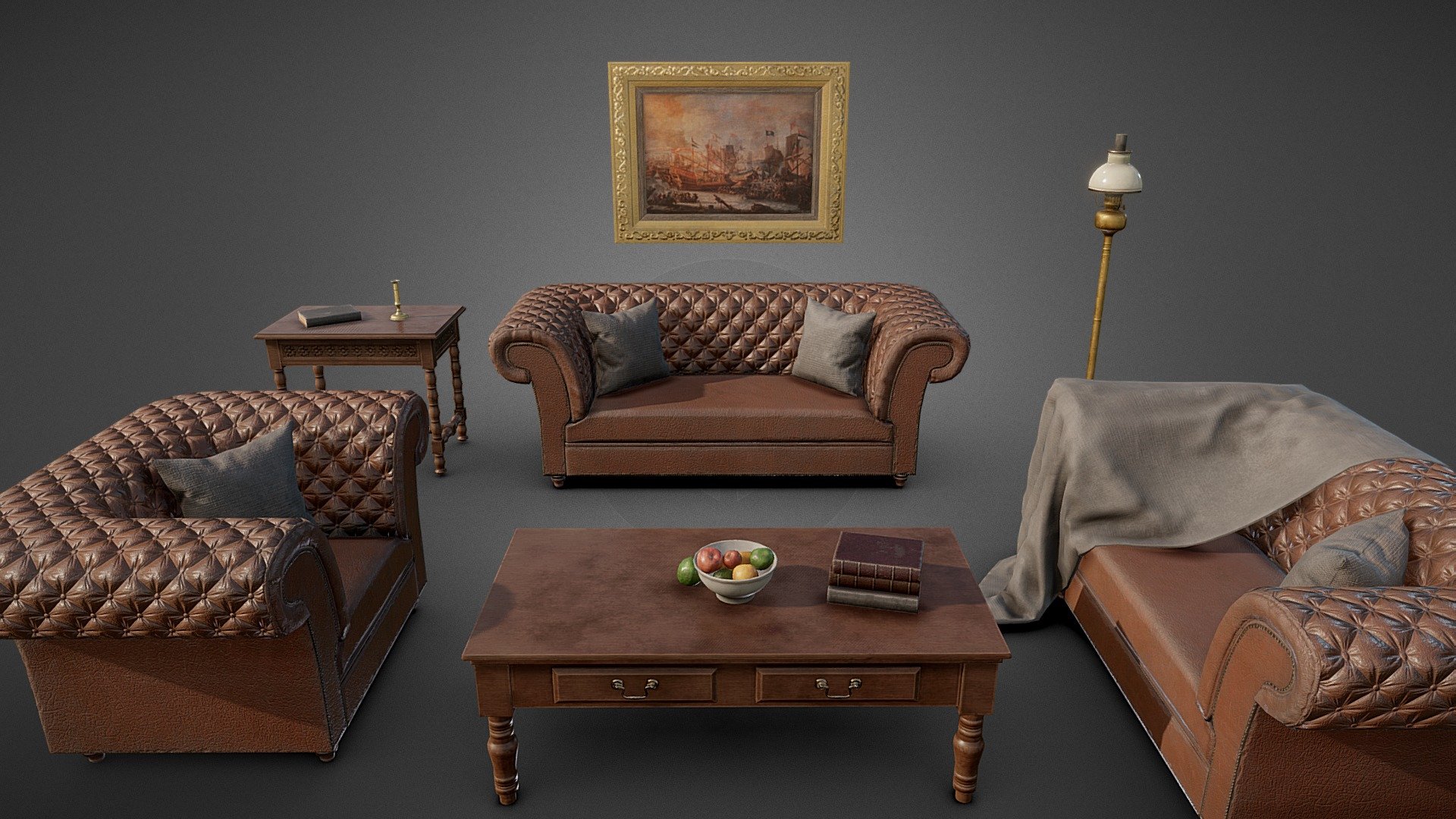 A low-poly, game ready Victorian sofa set with a props. These models will look great in an old, Victorian-era environment and are suitable for use in game, VR, archviz and visual production.

Features




Model includes victorian inspired sofa set (3 sizes), cushions and blanket which can be moved / removed, painting, oil lamp, and coffee table and side table with a fruit bowl, books and candle holder.

Clean topology. Objects are grouped, named appropriately and unwrapped with no overlaps

Modelled in Blender and textured in Substance Painter.

30,849 tiangle count

Additional file includes the Blender project with high-poly meshes

Textures




This model uses the metalness PBR workflow and includes 6 texture sets at 4096x4096 (1 set), 2048x2048 (1), and 1024x1024 (4). 

Textures include Base Colour, Roughness, Normal, and Metallic.
 - Victorian Sofa Set - Buy Royalty Free 3D model by Matthew Collings (@mtcollings) 3d model