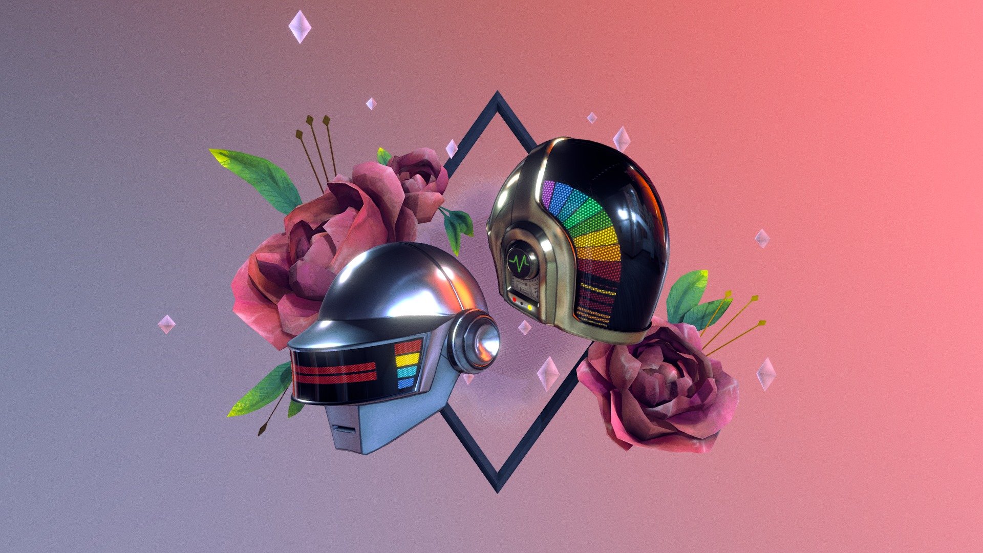 My little memorial for Daft Punk made for the #DaftPunkUniverseChallenge. 
I love the blend of retro and futuristic elements that Daft Punk's music and art encompasses. The Discovery era helmets and aesthetic always stood out to me, and wanted to make my own take on it. 

Everything made by me with love!  

Made using Blender and Substance Painter 3d model