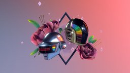 Daft Punk Memorial #DaftPunkUniverseChallenge flowers, tattoo, rose, foliage, daftpunk, blendernation, substancepainter, substance, handpainted, blender, lowpoly, helmet, handpainted-lowpoly, daftpunkuniversechallenge