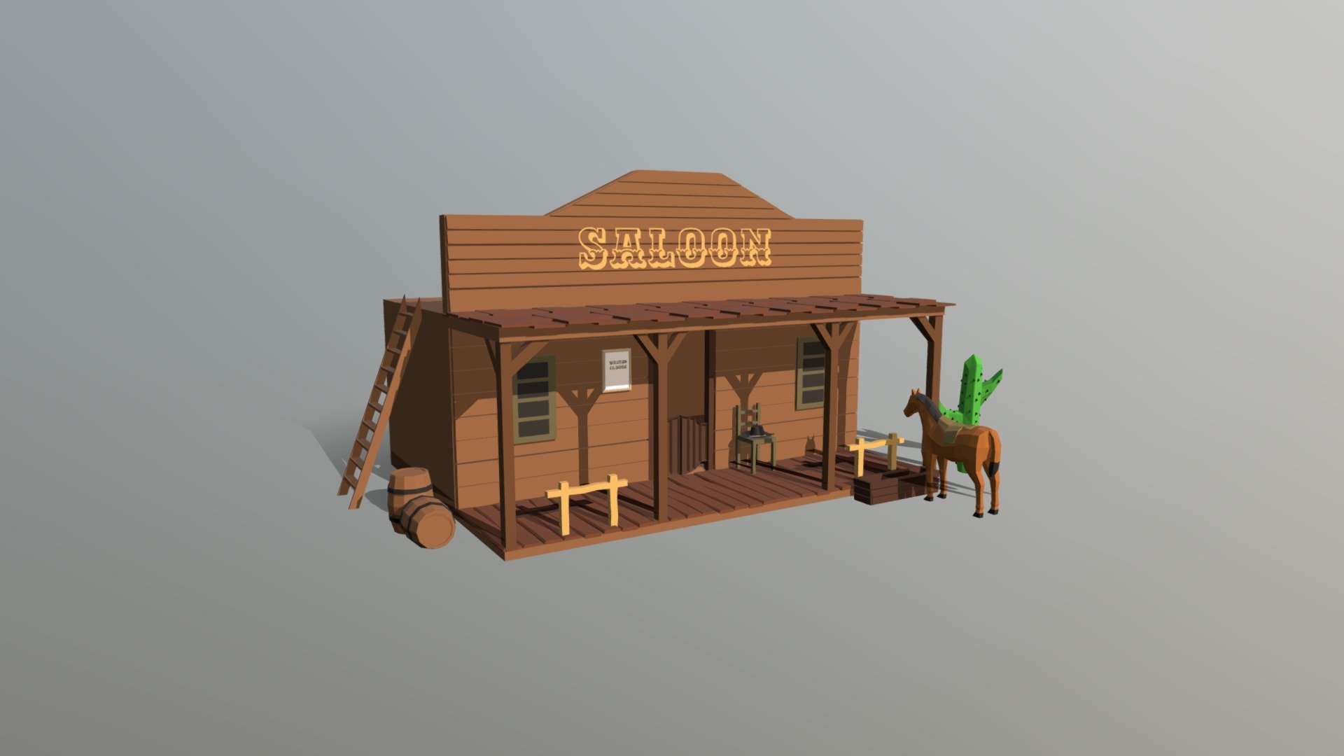 This is a low poly 3d western scene. The low poly scene was modeled and prepared for low-poly style renderings, background, general CG visualization. Clean topology (quads only) based on loop cuts.

You will get those 10 objects :

1 Sallon Building 1 Horse 1 Watern Tank 2 Barrels 1 Cactus 1 Billboard 1 Chair 1 Cowboy Hat 1 Ladder

Verts : 32.615 Faces: 18.292

Simple diffuse colors.

No ring, maps and no UVW mapping is available.

The original file was created in blender. You will receive a 3DS, OBJ, FBX, blend, DAE, STL.

All preview images were rendered with Blender Cycles. Product is ready to render out-of-the-box. Please note that the lights, cameras, and background is only included in the .blend file. The model is clean and alone in the other provided files, centered at origin and has real-world scale 3d model