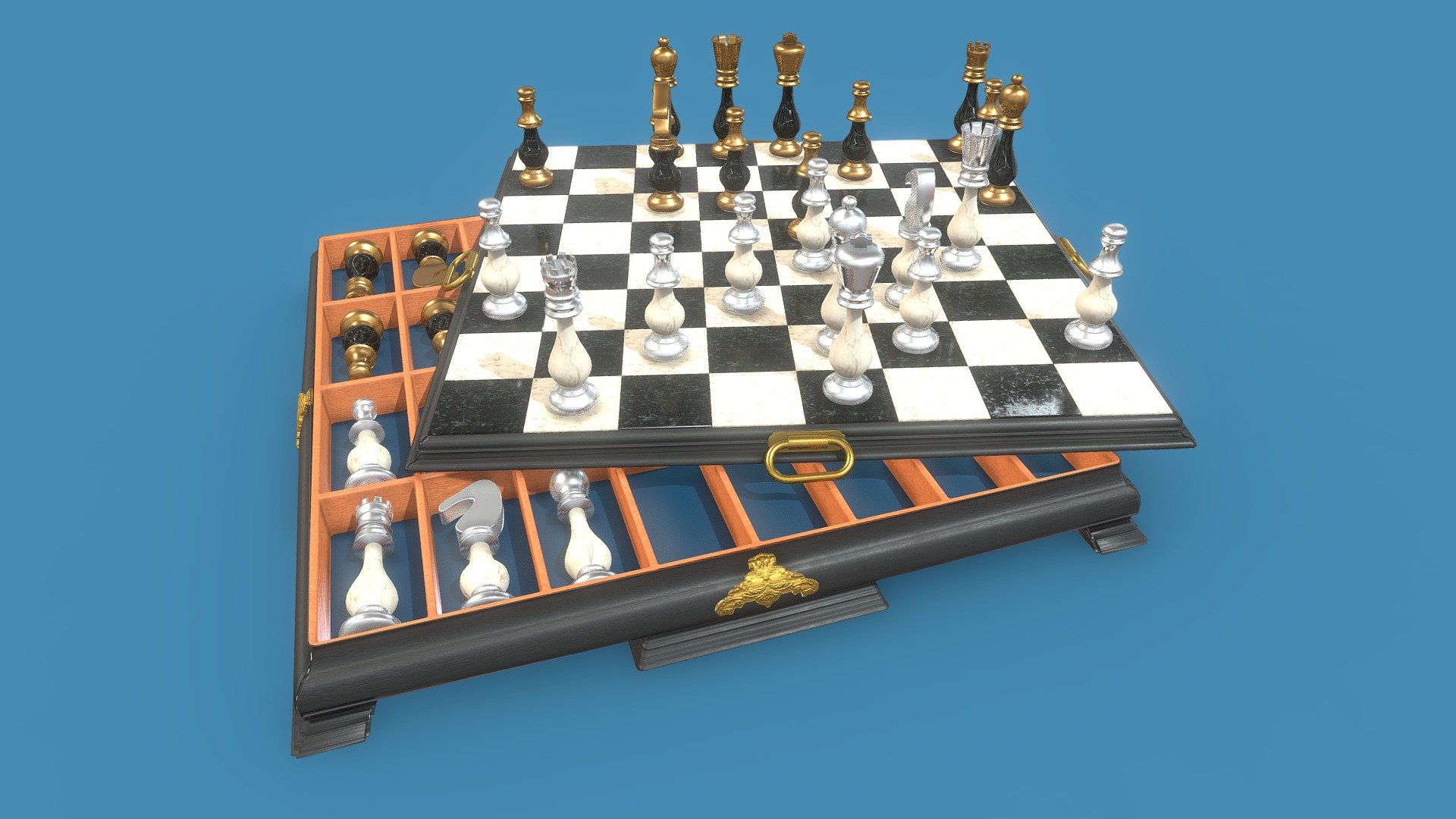 Here's a chess board named Tenebris, concept by me. It's made in PBR Materials : Marble, Lacquered Wood, Bronze and Silver.
It was made in blender




37 objects

109,290 vertices

216,491 edges

107,462 faces

216,656 triangles



Don't hesitate to leave a review 👍
And visit my others platforms


 - Tenebris Chess Board - Buy Royalty Free 3D model by Blue Odym (@blue-odym) 3d model