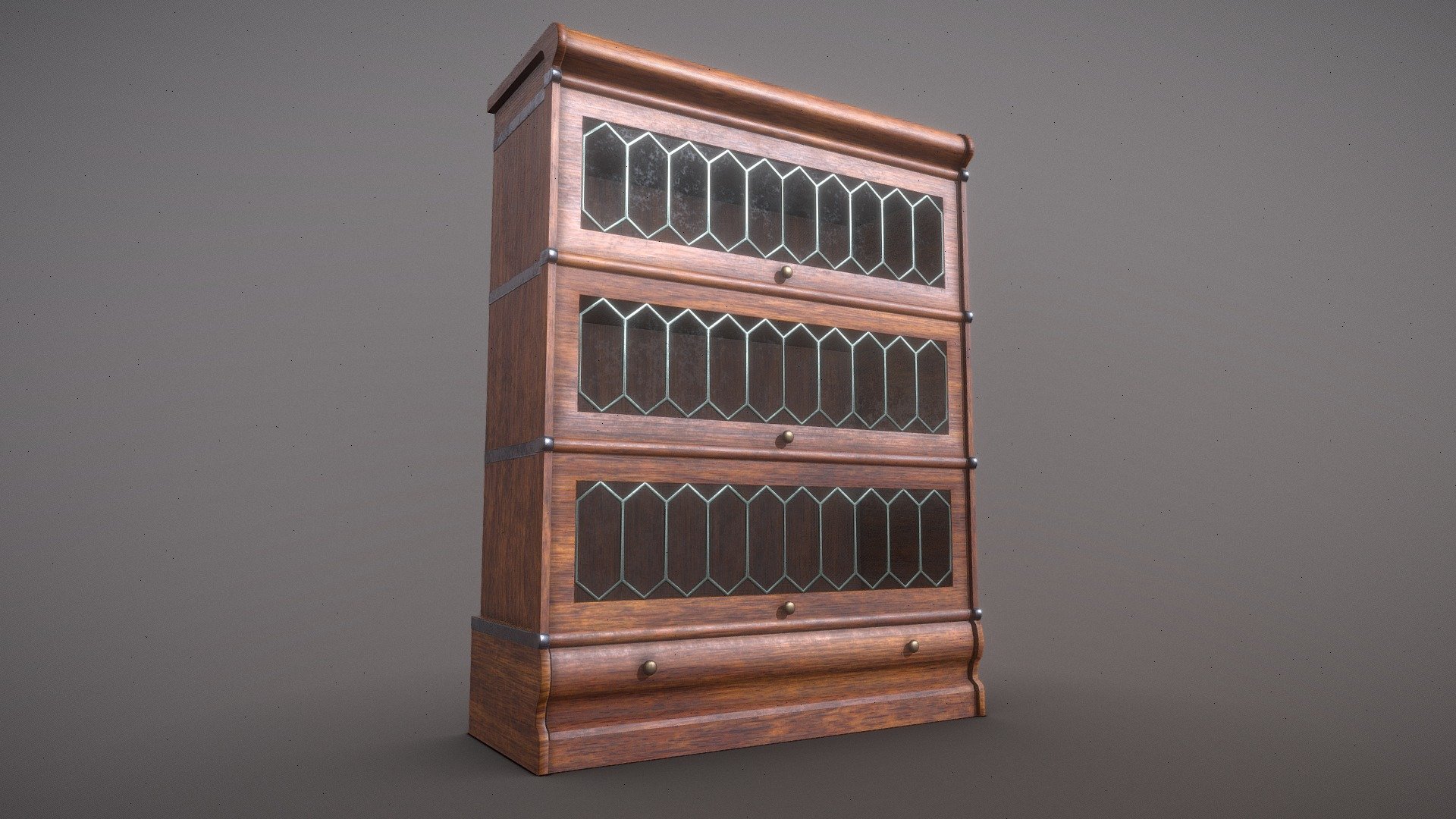 Wood Barrister Bookcase Shelf with Lead Glass Pattern on the windows. Popular style of shelving that were popular in the early to mid 20th century.

This is a static mesh with a 4k texture for the main body and a 1k texture for the windows. The bottom drawer can be pulled out in a 3D program if you want that to be partially open however. Made up of 3 bookcase sections with metal side strappings and stand on a shaped plinth.

Measures about 120cm tall

Poly - 2389
Vert - 2314 - Wood Barrister Bookcase Shelf - Buy Royalty Free 3D model by Jordan F (@JordanF) 3d model