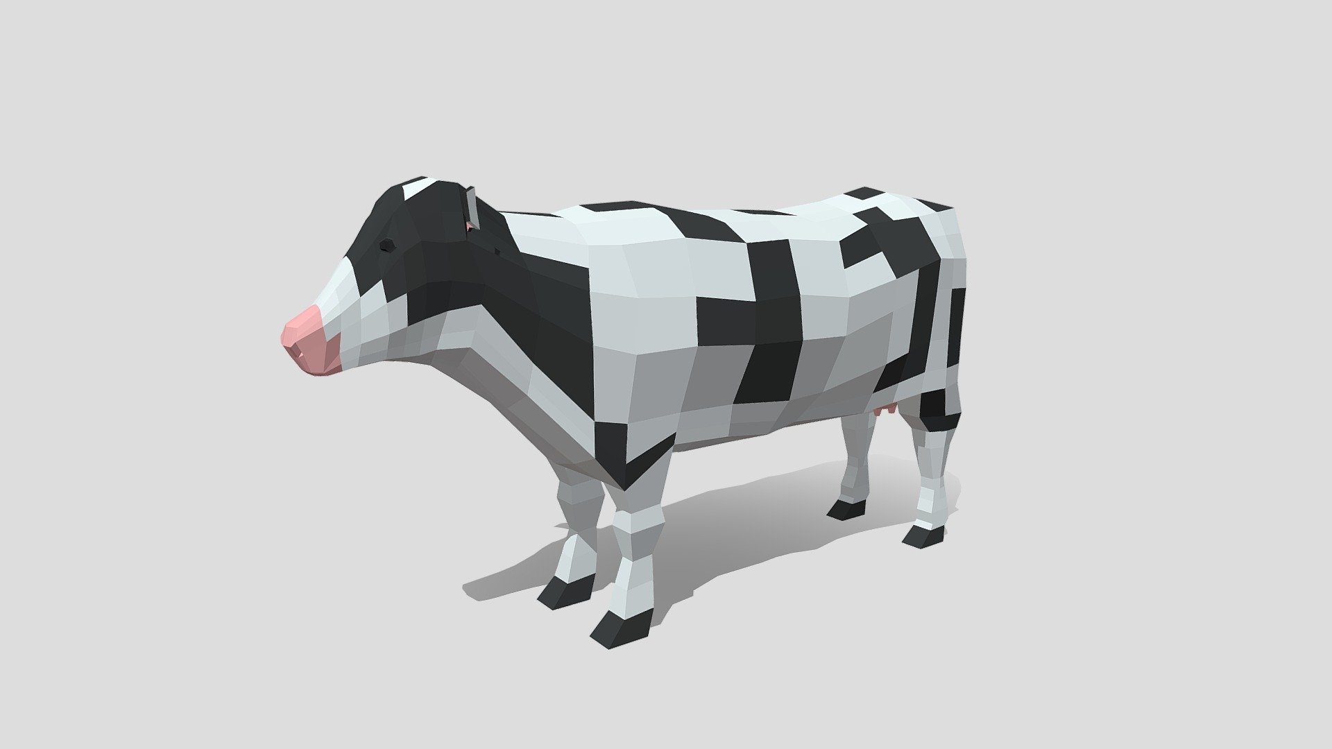 This is a low poly 3d model of a cow. The low poly cow was modelled and prepared for low-poly style renderings, background, general CG visualization.

The 3d cow model is presented as a meshes with quads only.

Verts : 1006 Faces: 1004

Simple diffuse colors.

No ring, maps and no UVW mapping is available.

The original file was created in blender. You will receive a 3DS, OBJ, FBX, blend, DAE, Stl.

All preview images were rendered with Blender Cycles. Product is ready to render out-of-the-box. Please note that the lights, cameras, and background is only included in the .blend file. The model is clean and alone in the other provided files, centred at origin and has real-world scale 3d model