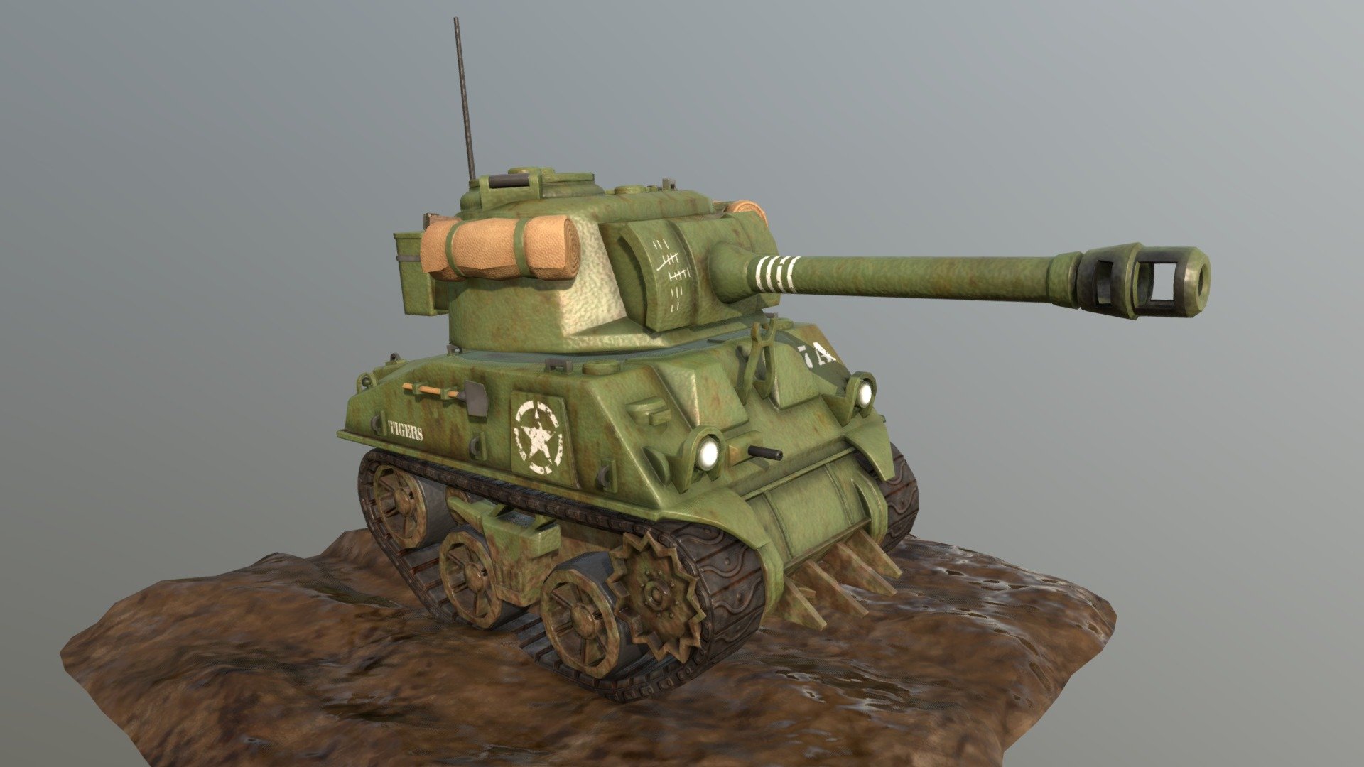 A WW2 chubby tank! Based on a Sherman Tank. Included:





GAME READY MESH! Clean, Light Topology! (Polys just Tank = 7,265)




In a hierachy ready to animate! Also comes with a seperate animation (FBX format).




Tank Tracks and Mud are textured with vertical tiling to allow UV animation!




Neatly Unwrapped with clear UVW islands!




FBX and OBJ formats.




Includes all textures in PNG format. Tank and Mud. (Diffuse, Normal, Self-Illumination, Roughness, Metal.)




ALSO INCLUDES Diffuse texture WITHOUT markings, making it easy for you to add you own! Also includes the UVW layout as PNG to make adding your own markings even easier!



**BONUS: Includes the Diffuse texture for the &lsquo;Chubby Unicorn Tank'! You can see here:
https://skfb.ly/6Gvzw

Please send me suggestions or requests for other models 3d model