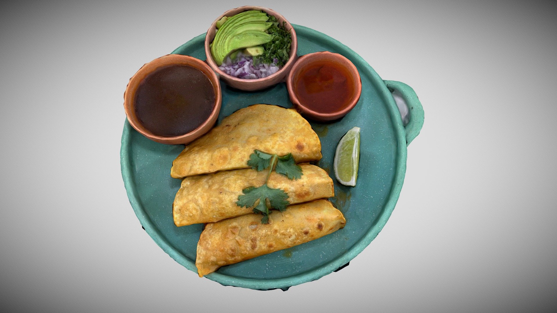 Slow-cooked lamb &amp; queso Oaxaca quesadillas |  avocado | sesame seed &amp; chile de árbol salsa | lamb jus - Quesabirria - Buy Royalty Free 3D model by Augmented Reality Marketing Solutions LLC (@AugRealMarketing) 3d model