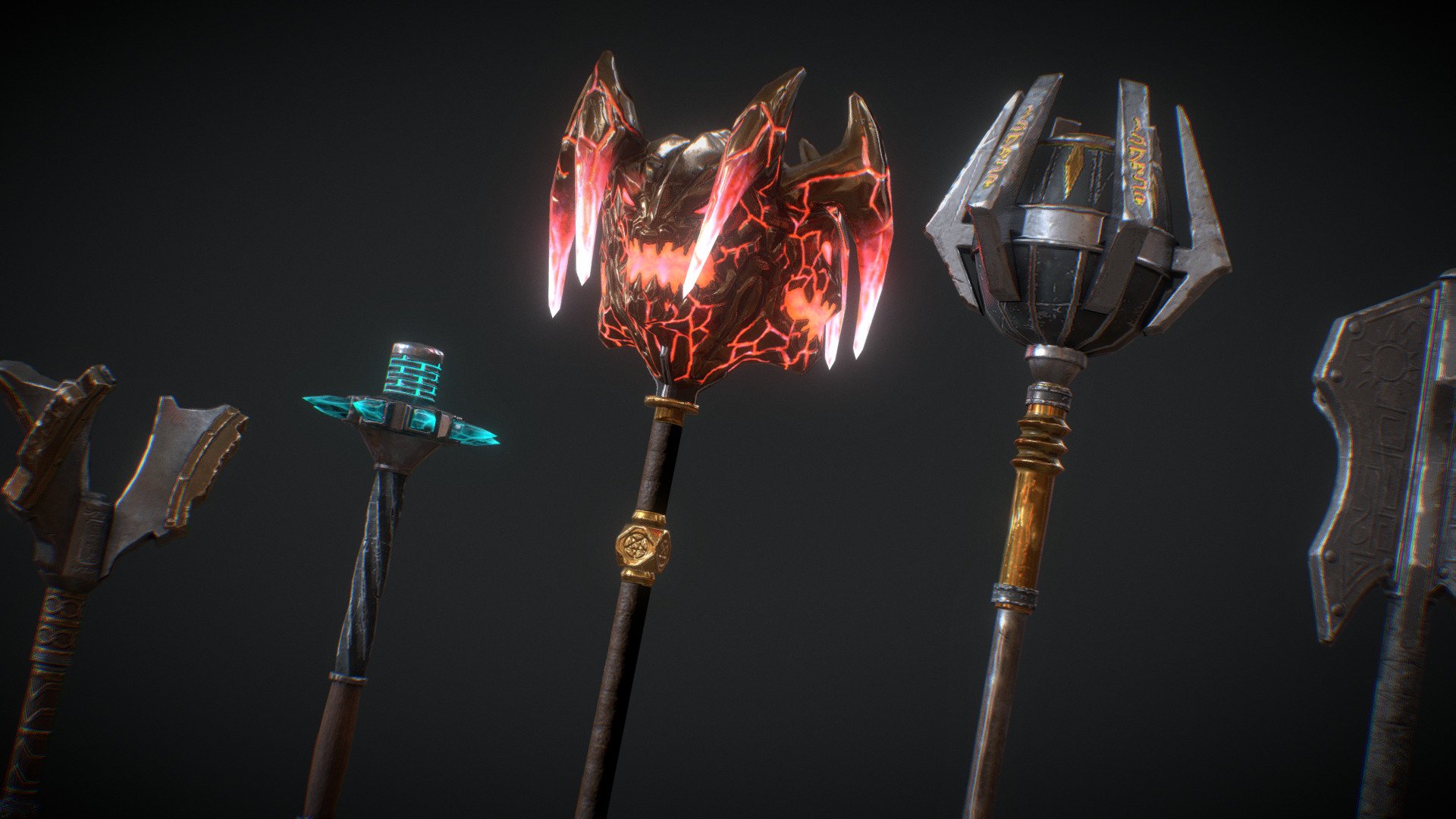 5 Fantasy Mace - PBR- Low Poly

This model content 5 Fantasy Mace - Including Unlit TGA texture in the asset




The Sword size is 116 cm height to 75 cm

Triangle count of this asset from 1492 to  1182

Texture is 1024 x 512 for each assets

Including RMA (Roughness, Metaliness, AO) map for optimization

Polycount is perfect for third person weapon or lot of enemy holding the weapon

Screenshot Render in Marmoset Toolbag 3

Normal map format is DirectX (-Y)

Texture type-
* Albedo
* Normal
* Roughness
* Metalness
* AO
* Emissive
* Diffuse only/ Unlit

File Format: FBX, OBJ, TGA

This assets can be used for any project including game, movie, novel graphic, advertisement, personel project and etc. You may not resell or distribute any content of the asset - 5 Fantasy Stylish Mace - PBR - Low Poly - Buy Royalty Free 3D model by RavenLoh 3d model