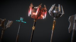 5 Fantasy Stylish Mace hammer, demon, medieval, crystal, flame, stylish, chaos, mace, chao, pbr, lowpoly, fantasy, wing, vand