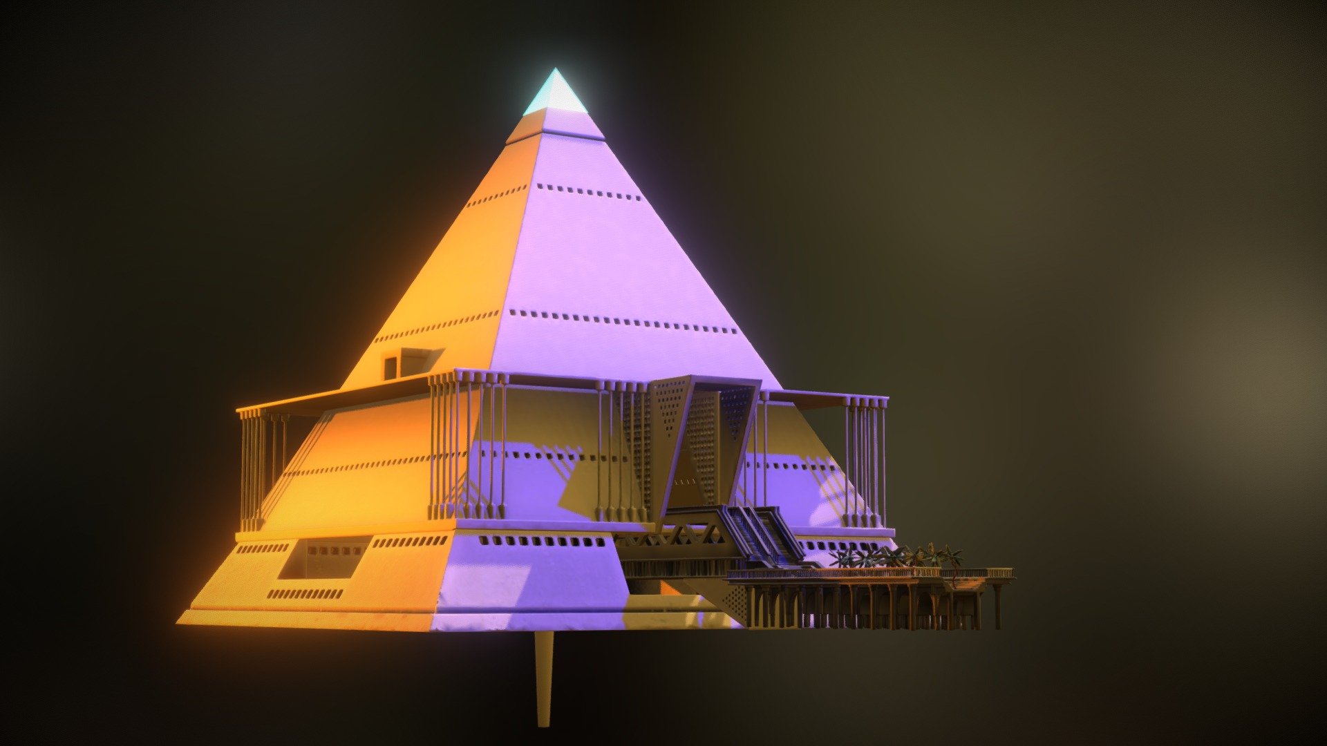 If you spent any time watching user created content on the internet you may have heard an interesting theory that the Great Pyramid in Egypt may have had a function similar to a Tesla coil where energy is gathered from underground aquafers which pass thru the the interior granite which permits ionization. A secondary layer, a mix of limestone, crystal and metals are conductive while the outter most limestone layer acts as an insulator.

The pyramid shape funnels the energy to the gold capstone which conducts a path of negative ions to the atmosphere.

This structure re-imagines this function as truth and provides free energy in the manner of the Tesla Coil.

I'm not an energy expert but here is a video explaining how it is theorized to work. https://www.youtube.com/watch?v=f7RtnEghLVc&amp;vl=en - Pyramid Power Plant - 3D model by TheSpiritAmbassador 3d model