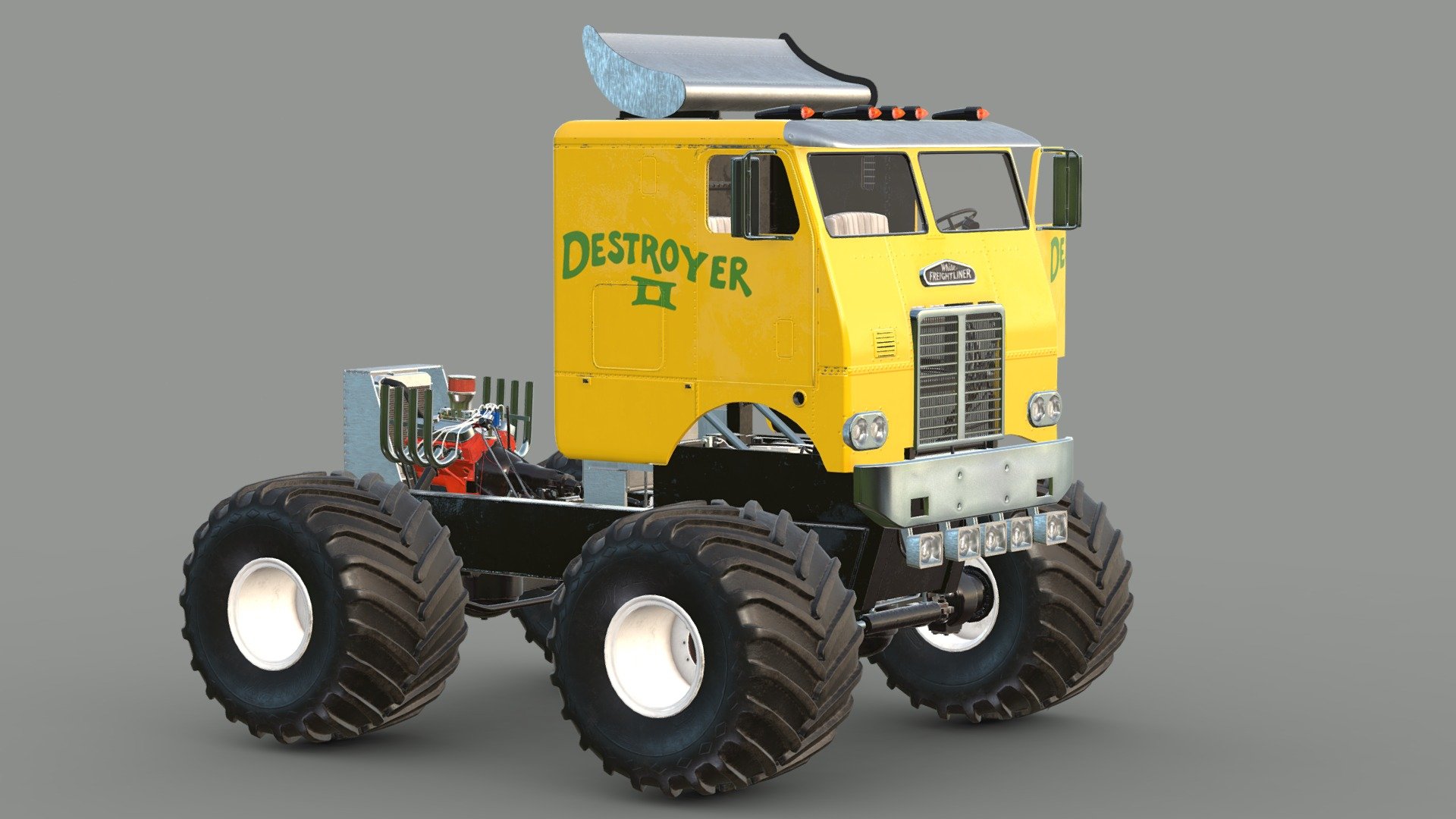 This is not proper model of Destroyer II monster truck, but just D1 with D2 coat. At some point I will create proper D2 too, which had chassis similar to Super Pete, much lower driver placement and fiberglass body.

Here is model of D1:

https://sketchfab.com/3d-models/destroyer-1-monster-truck-3c3c50c68dd54c6bac6280f0f26b0c09 - D1 with Destroyer II -paintjob - 3D model by Jorma Rysky (@Rysky) 3d model