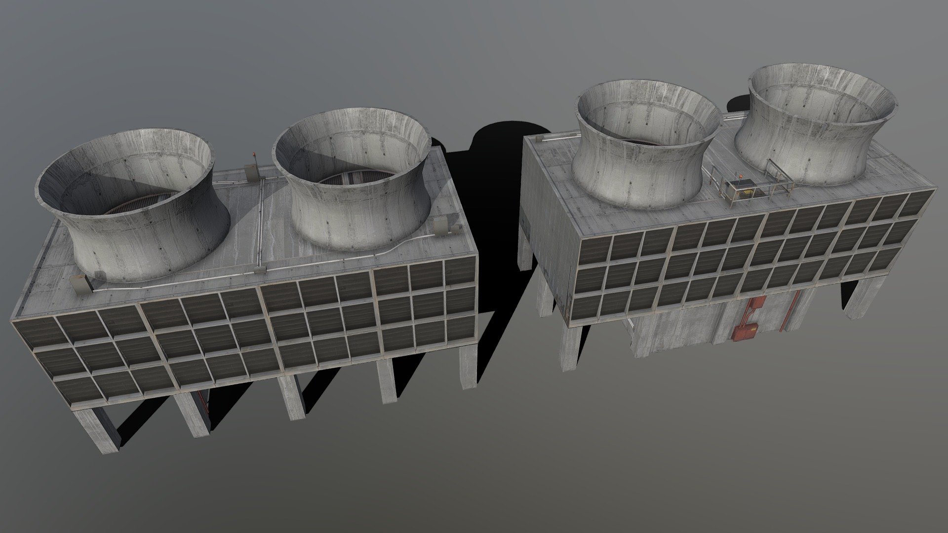 Process cooling units, found at large facilities and industrial works. 

Low-poly, optimized, and ready for use in games or realtime applications. 4k diffuse/roughness/normal textures 3d model