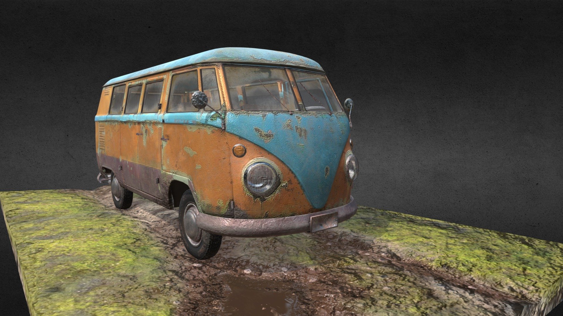 I found this VW T1 when i was traveling around Wisla city in Poland. It still stands here: (49.647155,18.8742115).  Vechicle is not for sell :(  so i bring it to 3d. 

I made photoscan then crate new topology, interior and details and finaly tweked body texture and put it on wheels on bumpy mountain road 3d model