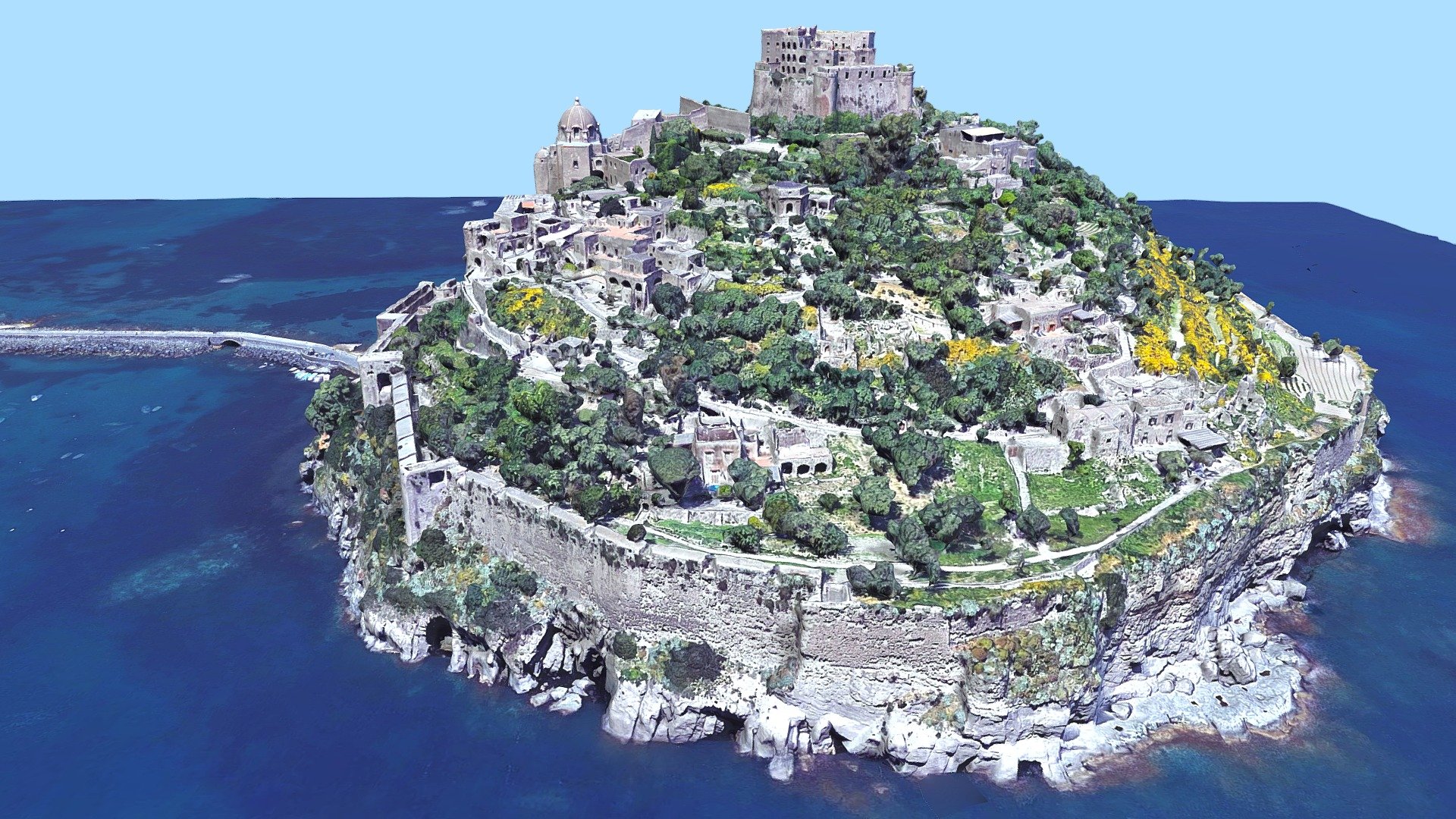 Aragonese Castle (Italian: Castello Aragonese) is a medieval castle next to Ischia (one of the Phlegraean Islands), at the northern end of the Gulf of Naples, Italy.[1] The castle stands on a volcanic rocky islet that connects to the larger island of Ischia by a causeway (Ponte Aragonese).

The castle was built by Hiero I of Syracuse in 474 BC. At the same time, two towers were built to control enemy fleets' movements. The rock was then occupied by Parthenopeans (the ancient inhabitants of Naples). In 326 BC the fortress was captured by Romans, and then again by the Parthenopeans. In 1441 Alfonso V of Aragon connected the rock to the island with a stone bridge instead of the prior wood bridge, and fortified the walls in order to defend the inhabitants against the raids of pirates.

Around 1700, about 2000 families lived on the islet, including a Poor Clares convent, an abbey of Basilian monks (of the Greek Orthodox Church), the bishop and the seminar, the prince with a military garrison.
Source: Wikipedia.org - Aragonese Castle, Castello, medieval, Italy - Buy Royalty Free 3D model by LibanCiel 3d model
